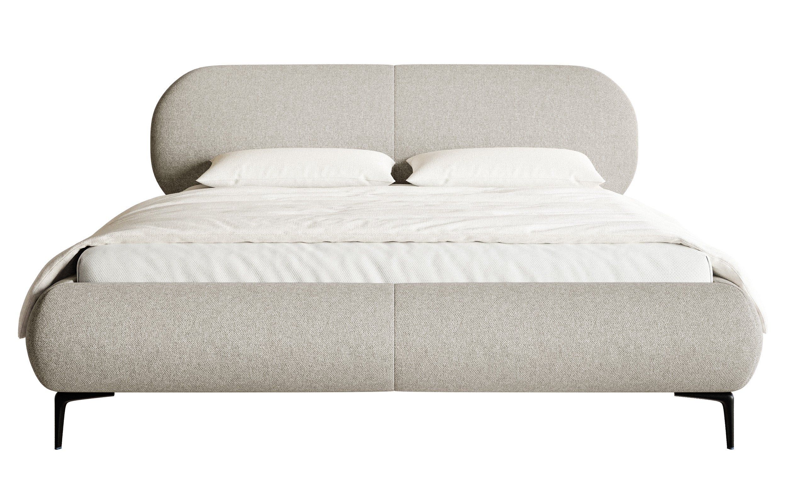 Łóżko tapicerowane 140x200 cm Ovalle z pojemnikiem stelaż metalowy szarobeżowe plecionka hydrofobowa nóżki czarne