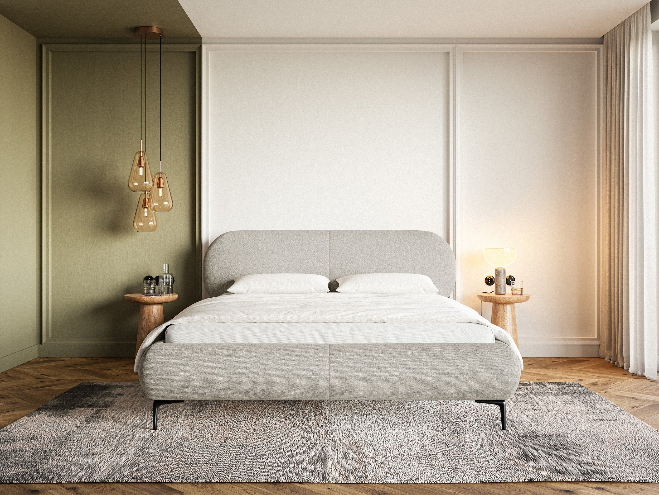 Łóżko tapicerowane 180x200 cm Ovalle szarobeżowe plecionka hydrofobowa nóżki czarne