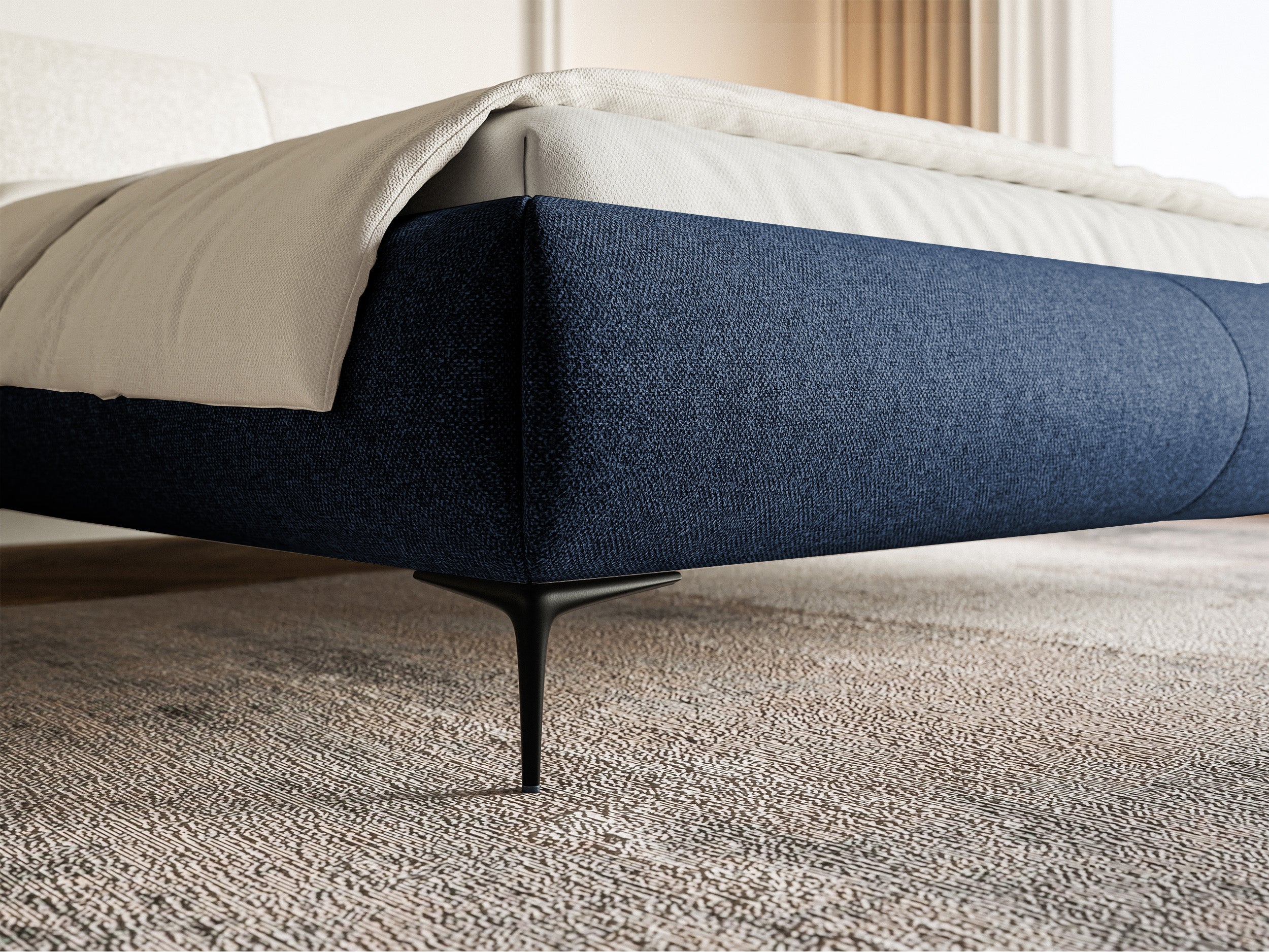 Łóżko tapicerowane 160x200 cm Ovalle z pojemnikiem stelaż metalowy granatowe plecionka hydrofobowa nóżki czarne