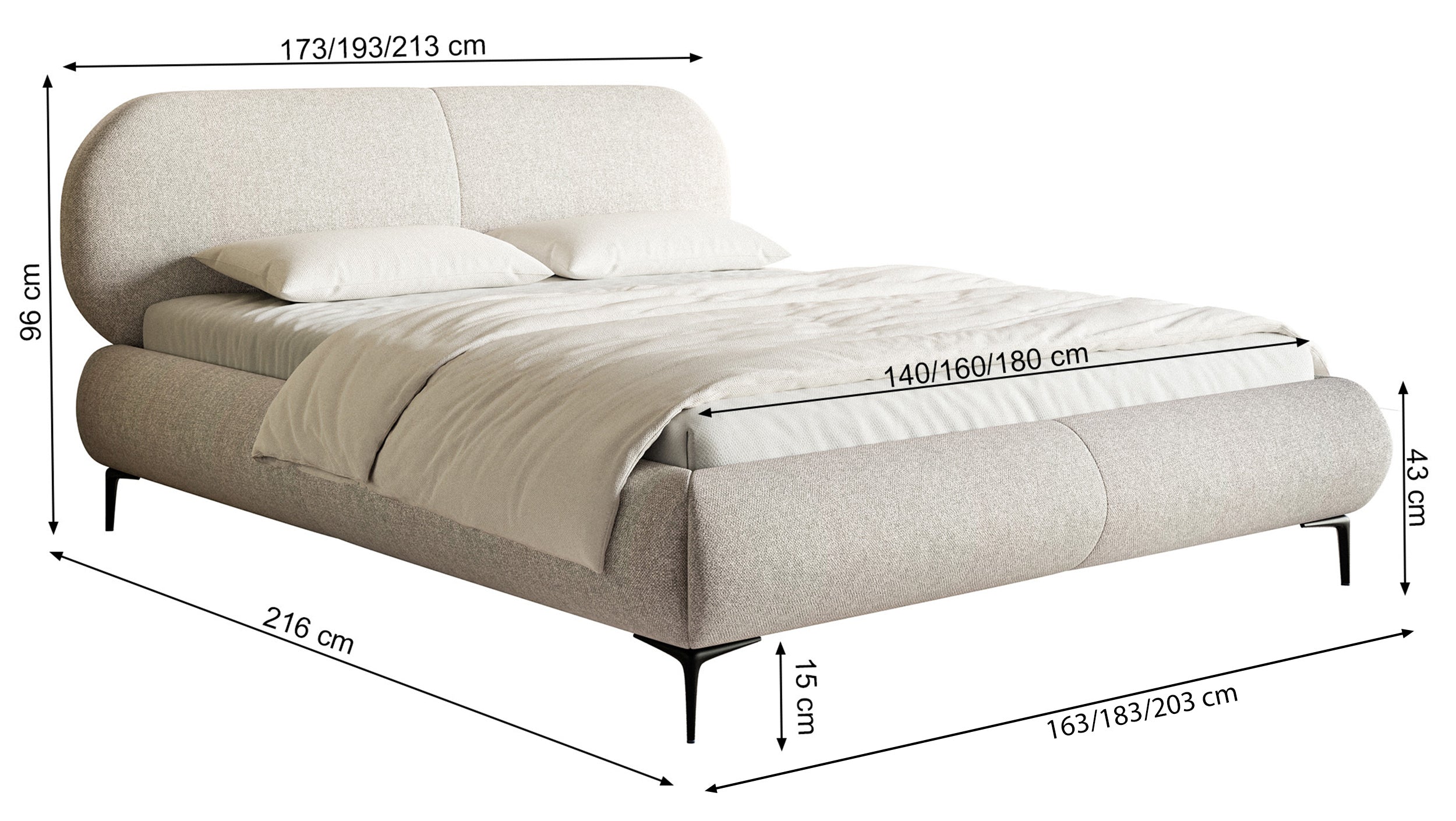 Łóżko tapicerowane 160x200 cm Ovalle z pojemnikiem stelaż metalowy kremowe szenil nóżki złote