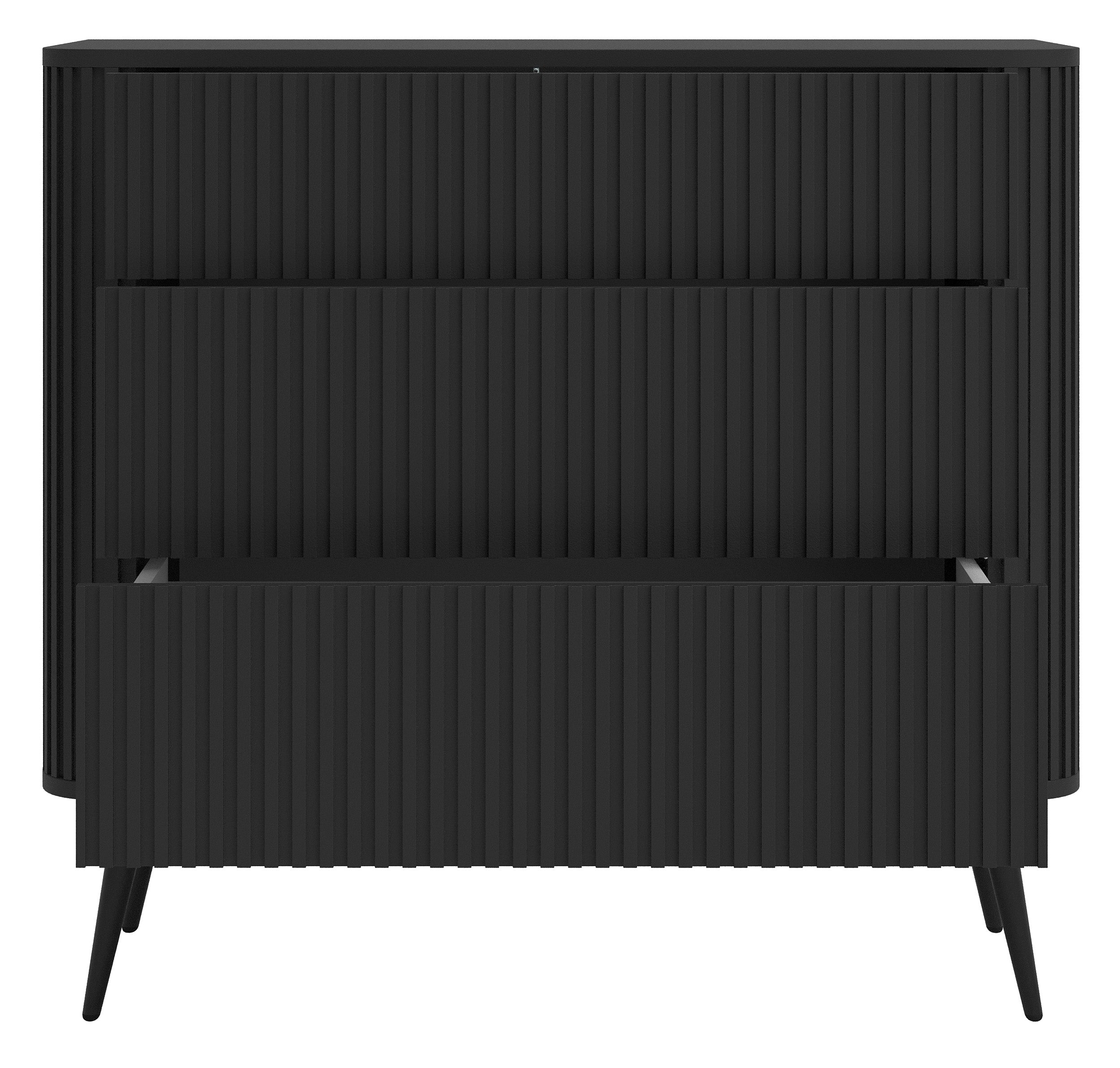 Komoda Ovarlo z ryflami i trzema szufladami 93 cm czarna z czarnymi nogami