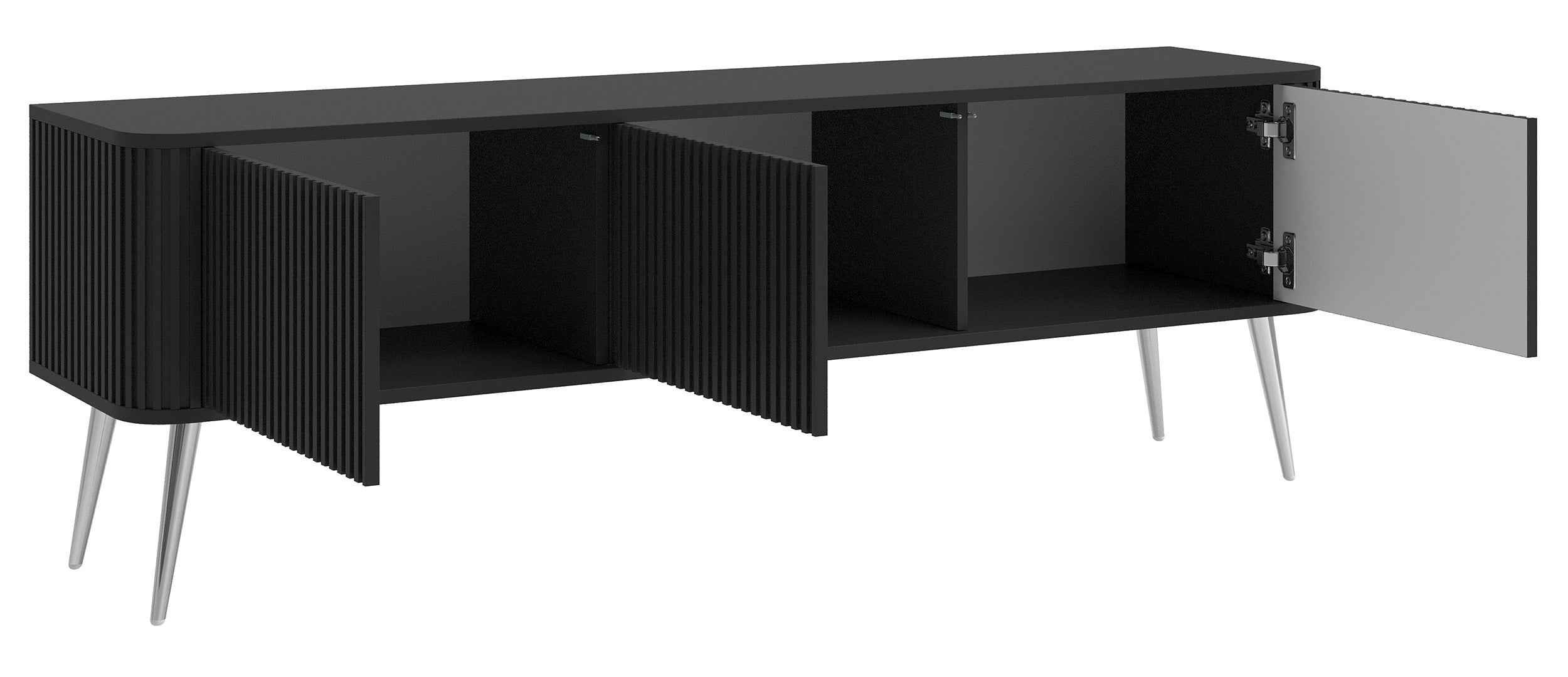 Szafka RTV Ovarlo z ryflami trzydrzwiowa 163 cm czarna ze srebrnymi nogami