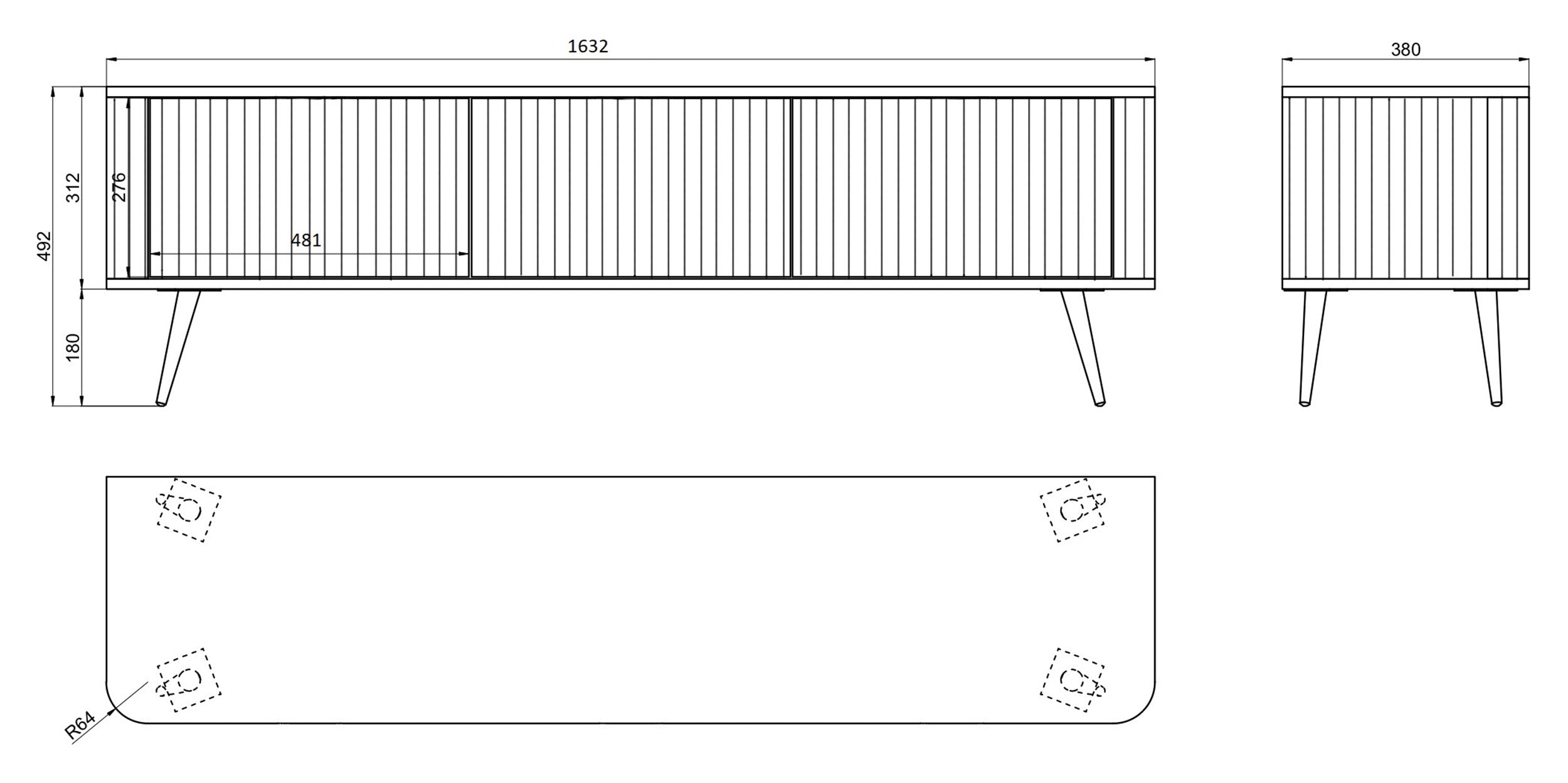 Szafka RTV Ovarlo z ryflami trzydrzwiowa 163 cm czarna z czarnymi nogami