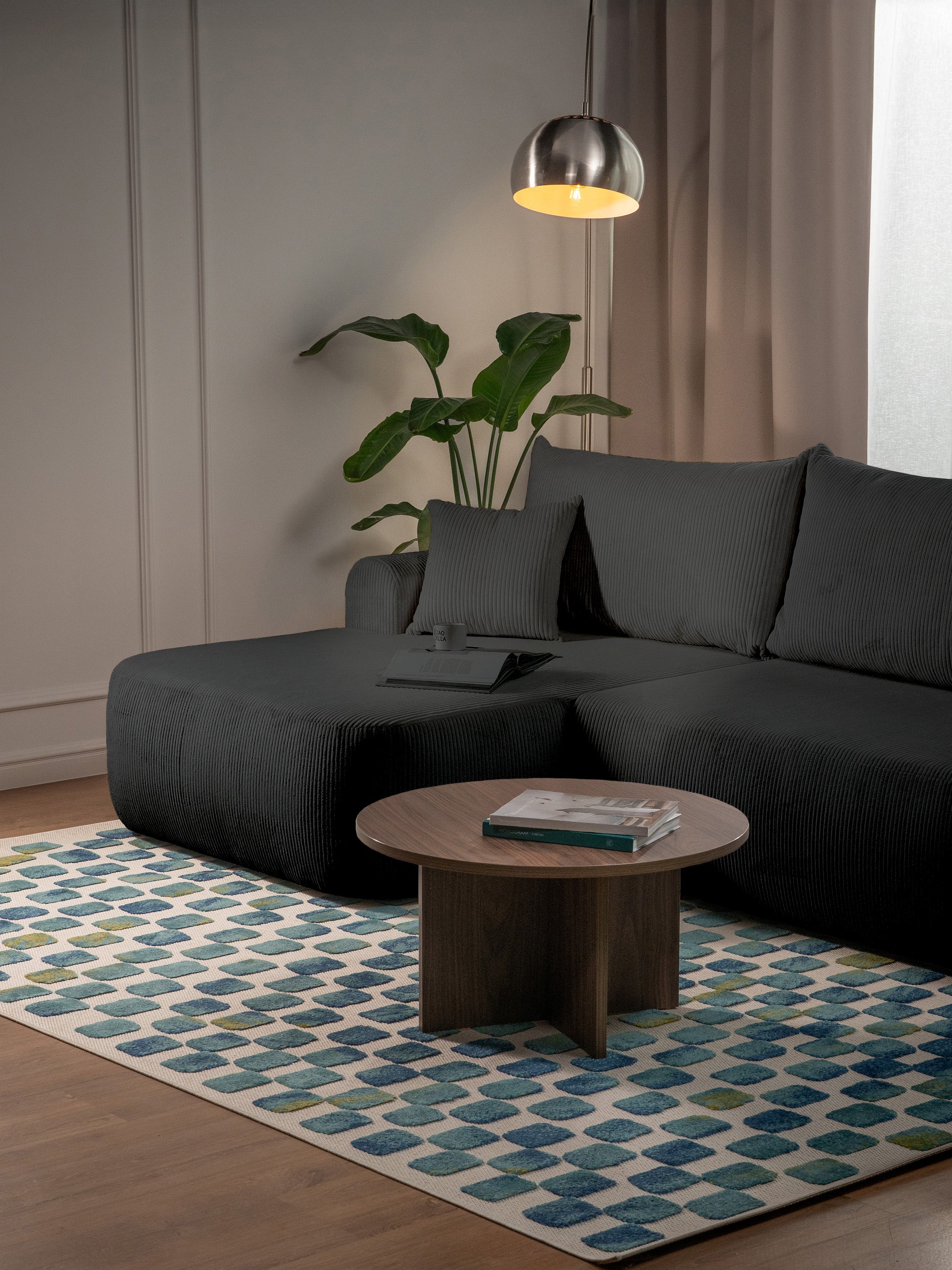 Narożnik z funkcją spania Ovo Cord L-kształtny lewostronny z pojemnikiem ciemnoszary sztruks