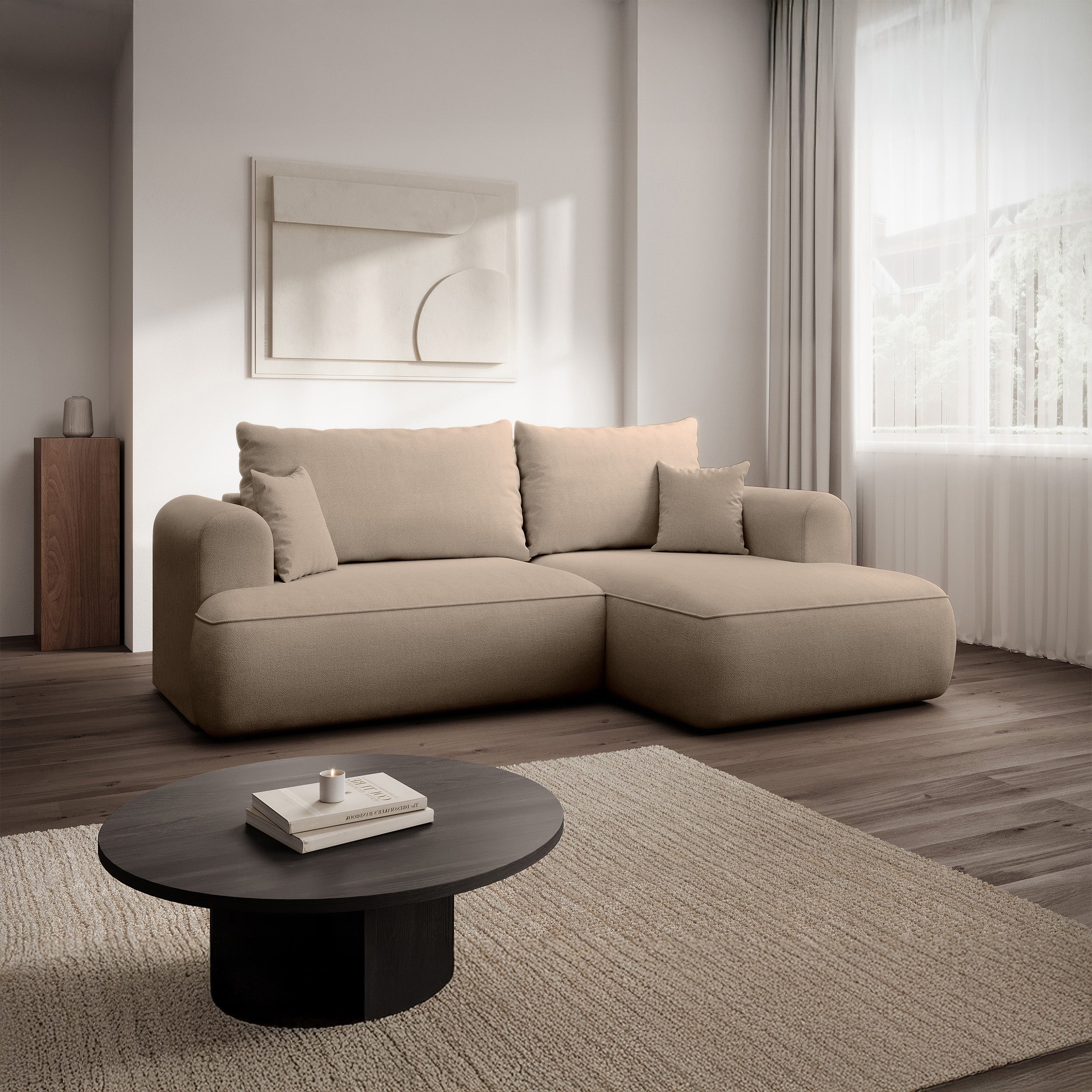 Narożnik z funkcją spania Ovo mini L-kształtny prawostronny z pojemnikiem beżowy szenil łatwoczyszczący