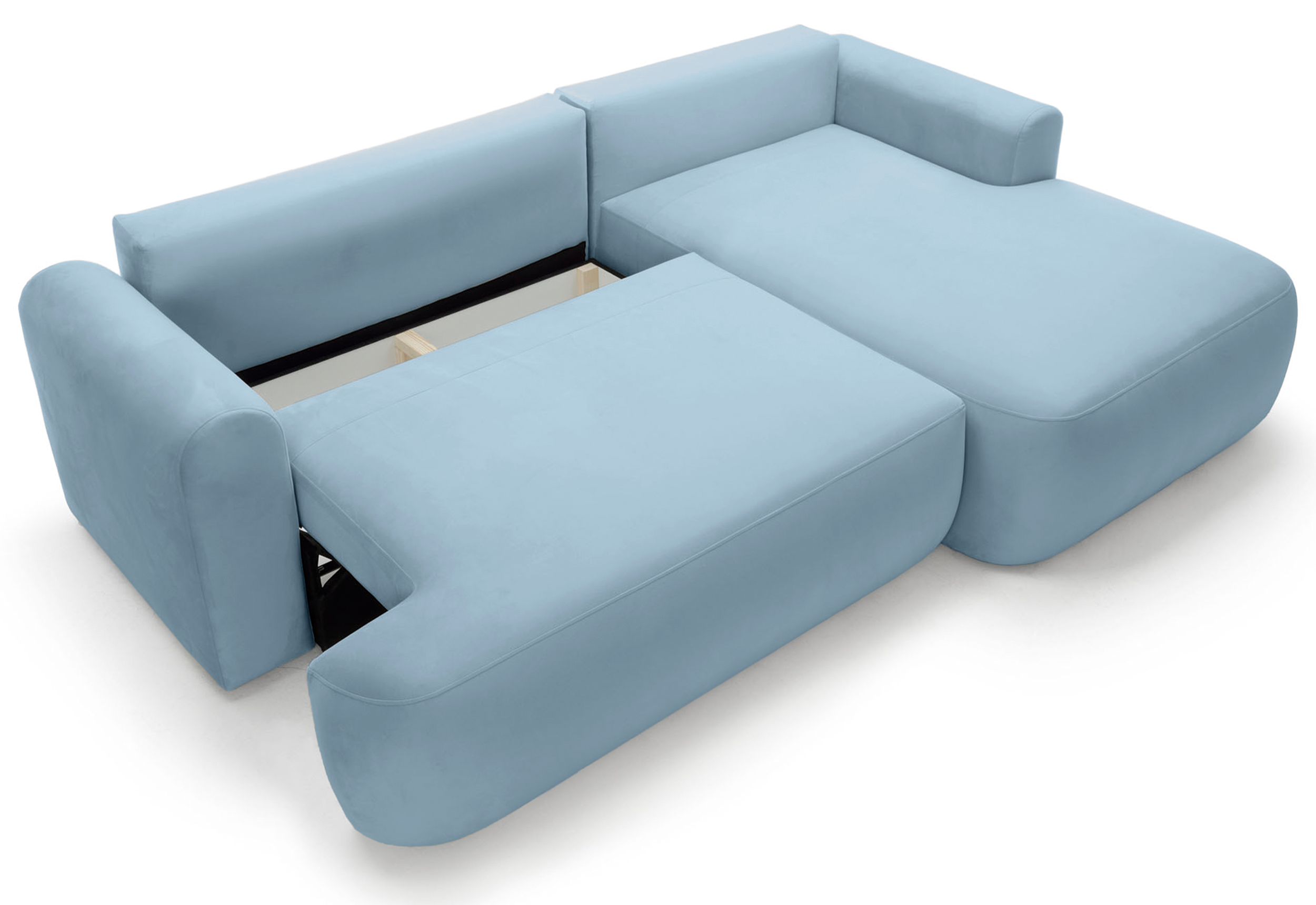 Narożnik z funkcją spania Ovo L-kształtny prawostronny z pojemnikiem błękitny welur hydrofobowy