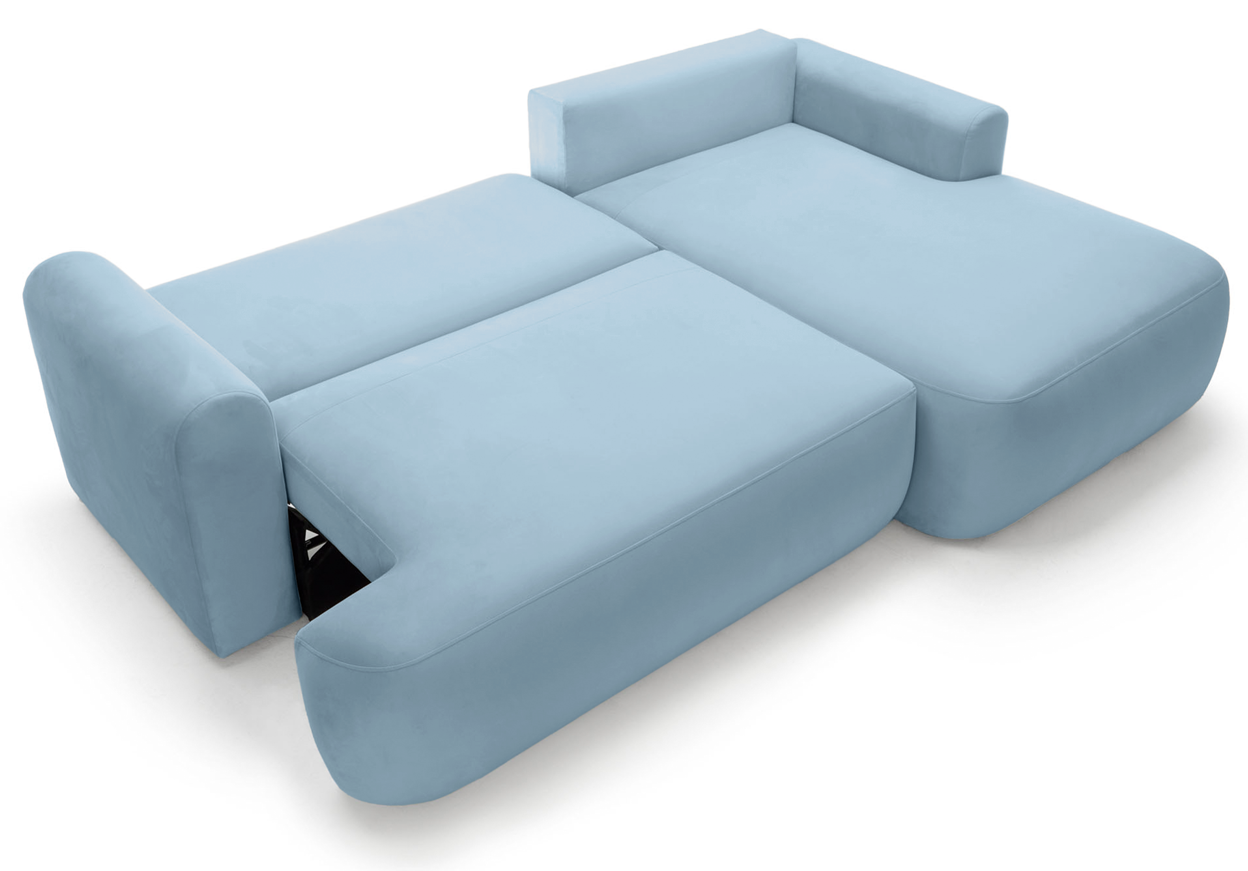 Narożnik z funkcją spania Ovo L-kształtny prawostronny z pojemnikiem błękitny welur hydrofobowy