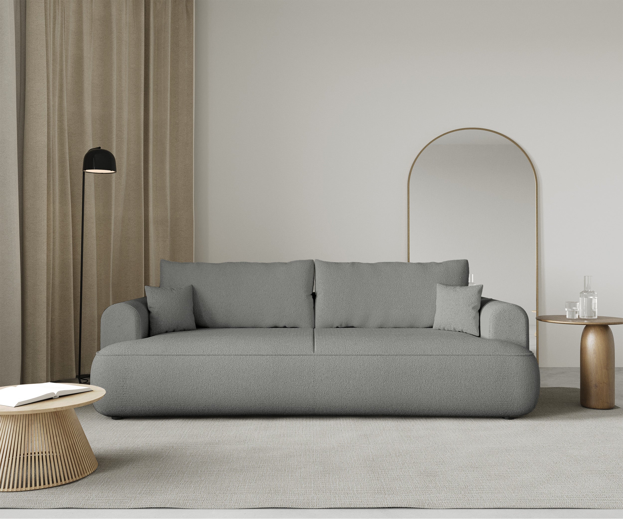 Kanapa rozkładana trzyosobowa Ovo z pojemnikiem szara szenil