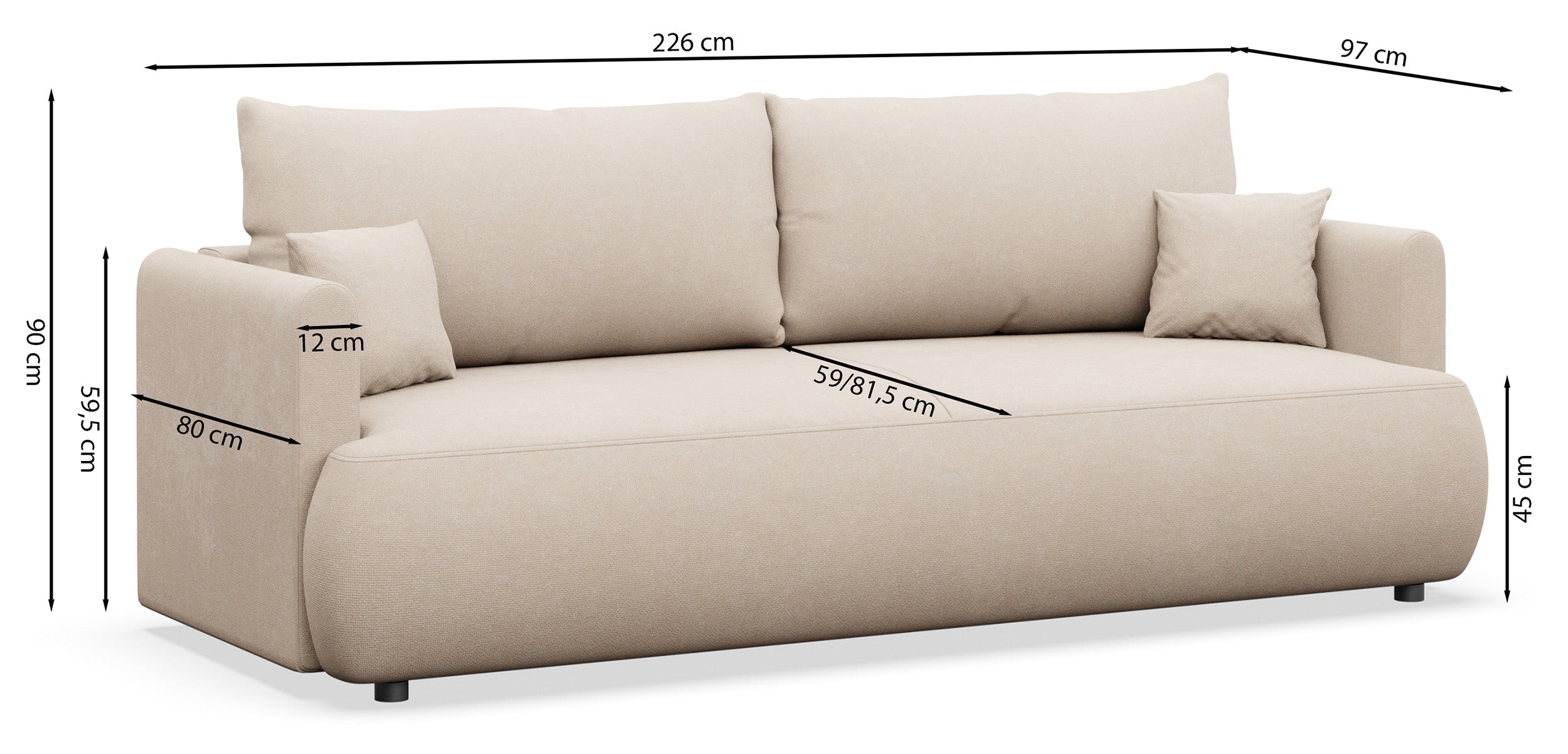 Kanapa rozkładana trzyosobowa Ovo mini z pojemnikiem ciemnoszara szenil łatwoczyszczący