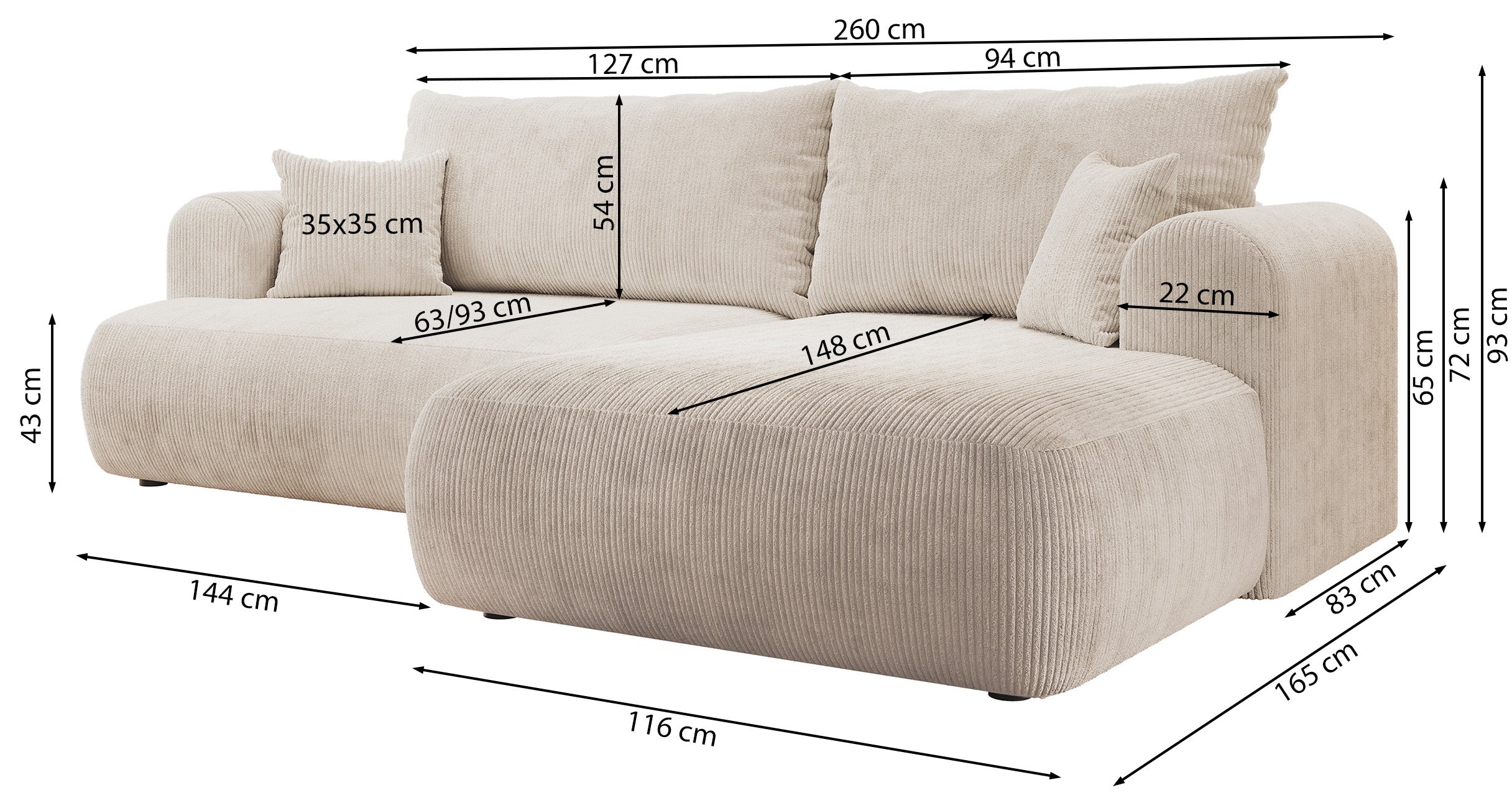 Narożnik z funkcją spania Ovo Cord L-kształtny lewostronny z pojemnikiem jasnoszary sztruks