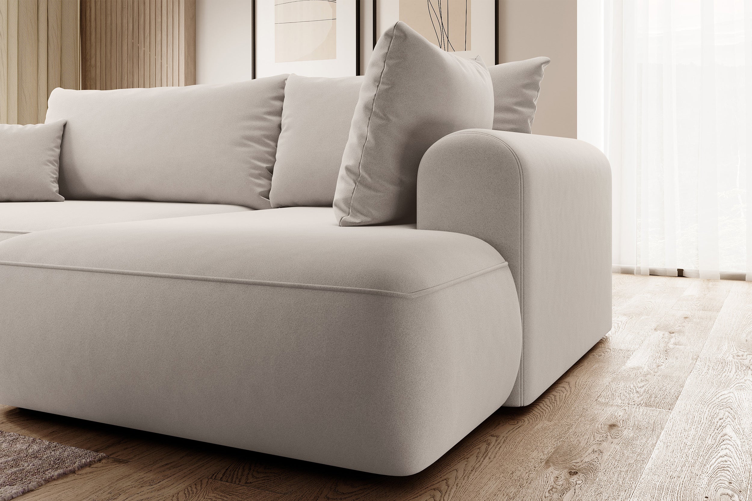 Narożnik z funkcją spania Ovo L-kształtny z boczkiem i pojemnikiem kremowy welur łatwoczyszczący prawostronny