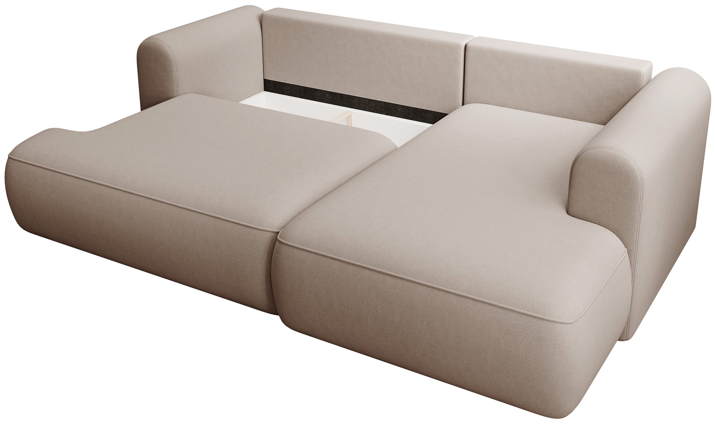 Narożnik z funkcją spania Ovo mini L-kształtny prawostronny z pojemnikiem beżowy welur łatwoczyszczący