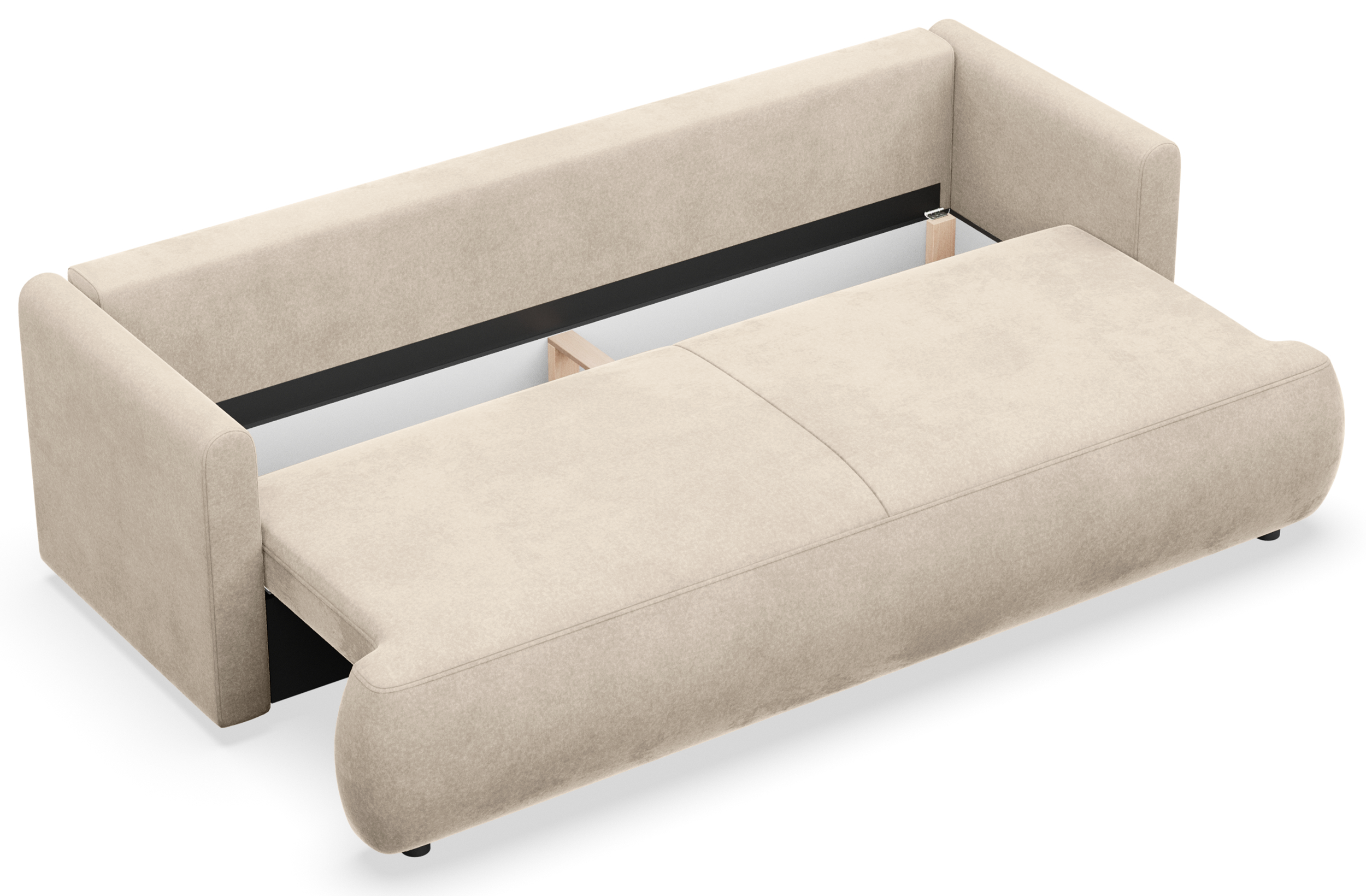 Kanapa rozkładana trzyosobowa Ovo mini z pojemnikiem jasnobeżowa welur łatwoczyszczący