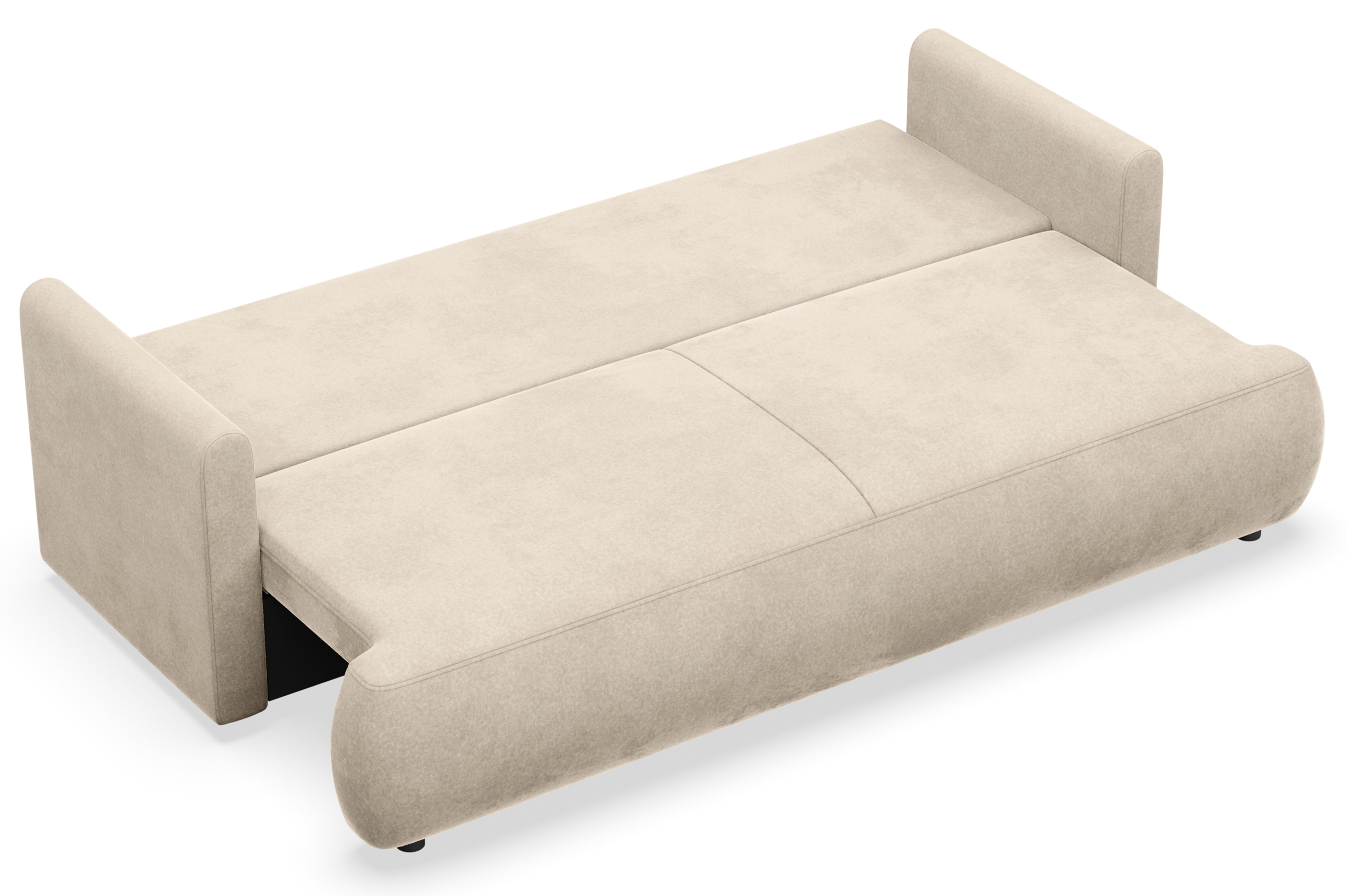 Kanapa rozkładana trzyosobowa Ovo mini z pojemnikiem jasnobeżowa welur łatwoczyszczący