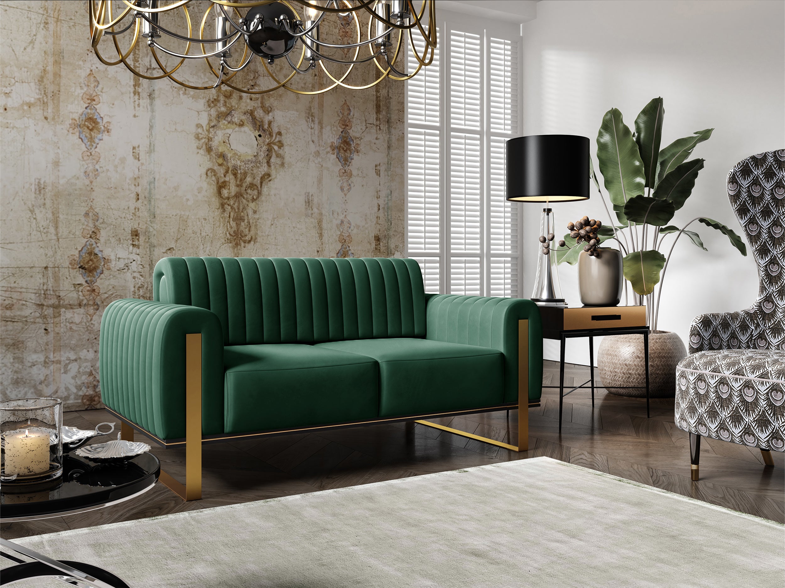 Sofa dwuosobowa Parissa zielona welur złote nóżki