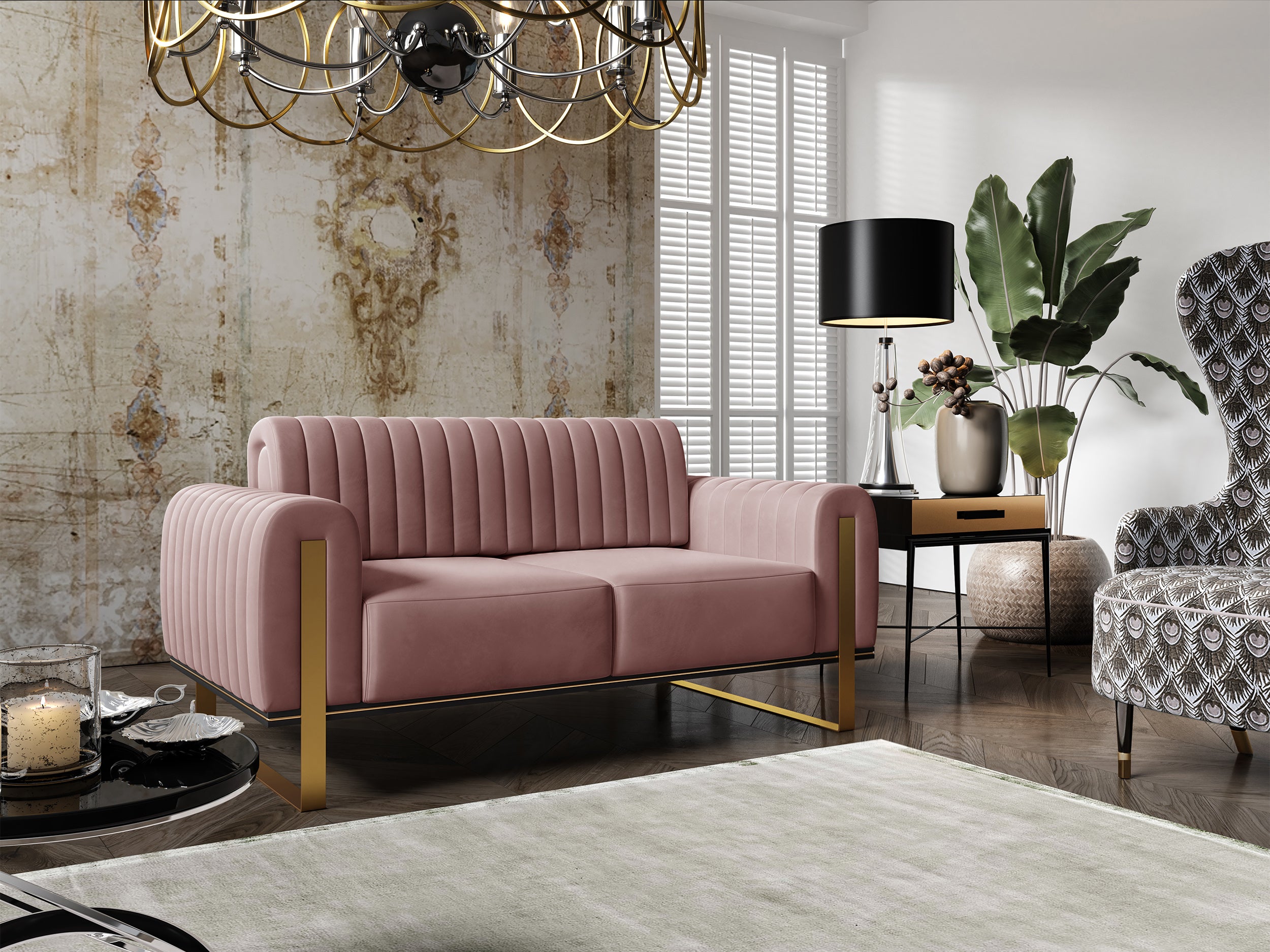 Sofa dwuosobowa Parissa różowa welur złote nóżki