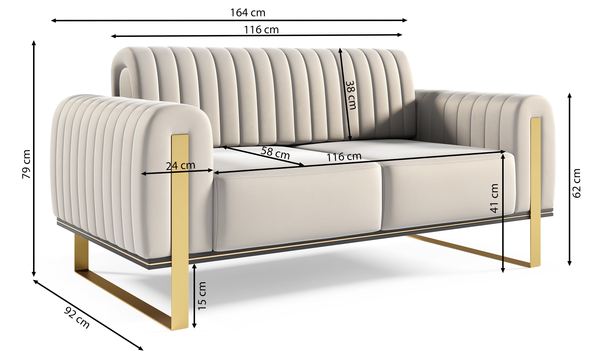 Sofa dwuosobowa Parissa ciemnoszara welur złote nóżki