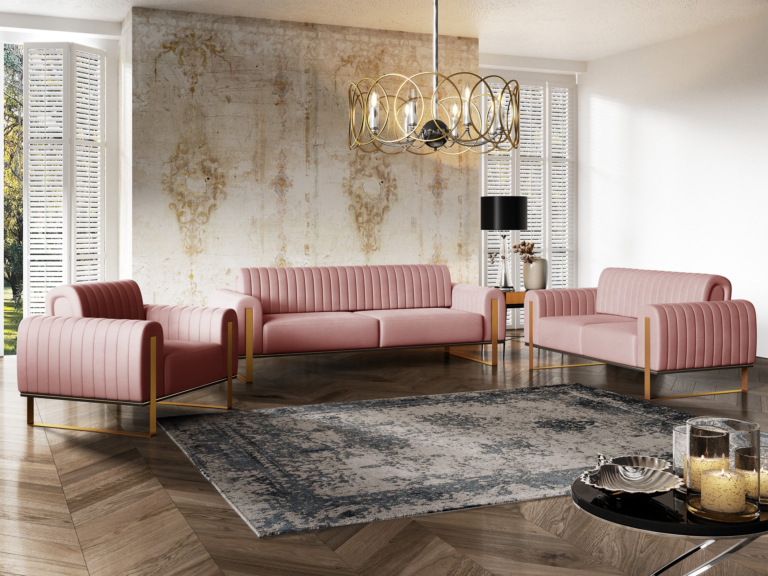 Sofa dwuosobowa Parissa różowa welur złote nóżki
