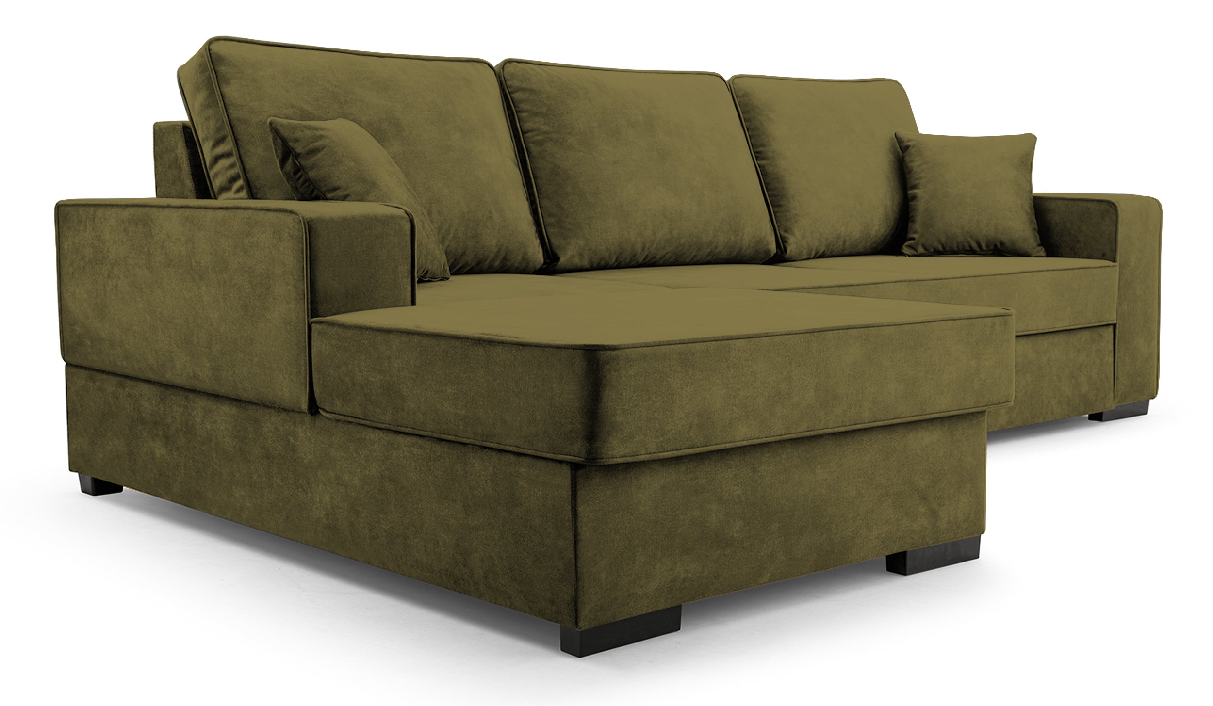 Narożnik z funkcją spania Pazzano L-kształtny z pojemnikiem oliwkowy welur hydrofobowy lewostronny