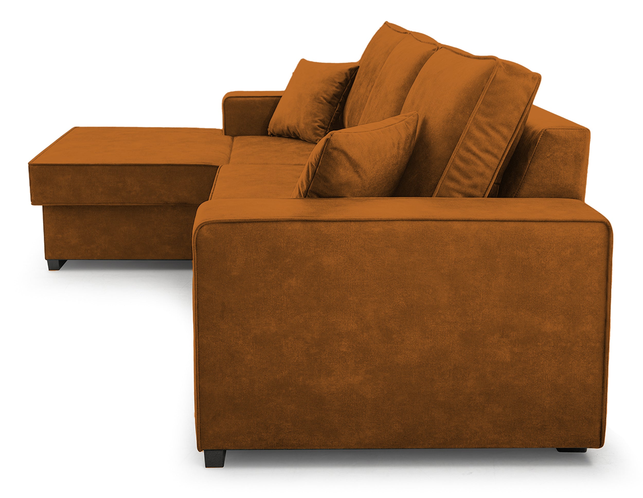 Narożnik z funkcją spania Pazzano L-kształtny z pojemnikiem musztardowy welur hydrofobowy lewostronny