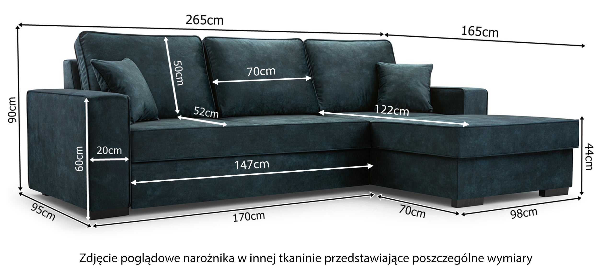 Narożnik z funkcją spania Pazzano L-kształtny z pojemnikiem granatowy welur hydrofobowy prawostronny