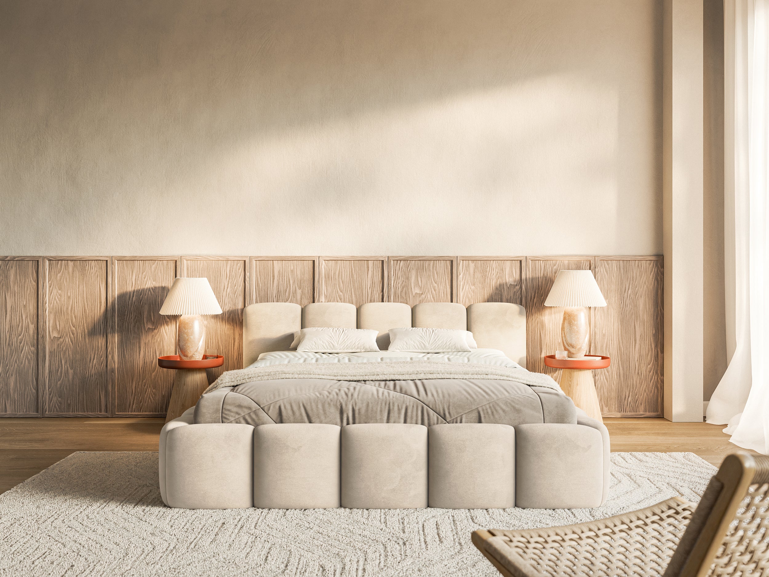 Łóżko tapicerowane 140x200 cm Cloudy Low jasnobeżowe welur hydrofobowy łatwoczyszczący stelaż drewniany