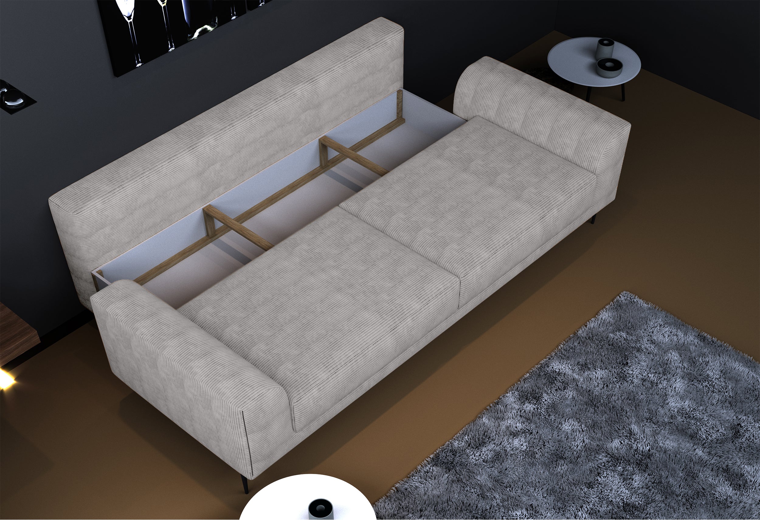 Kanapa rozkładana trzyosobowa Capitol z pojemnikiem jasnobeżowa sztruks