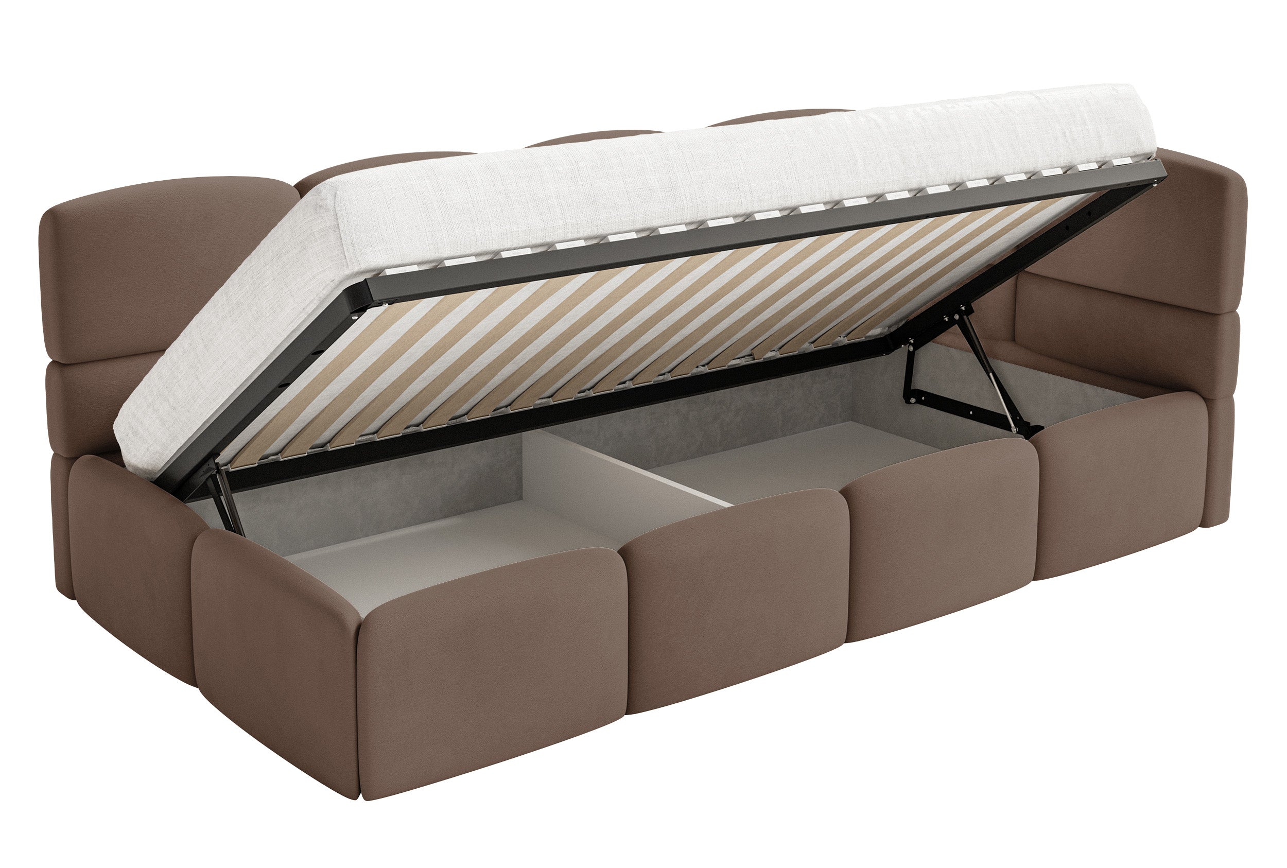 Łóżko młodzieżowe 90x200 cm Cloudy prawostronne z materacem pojemnikiem i barierkami brązowe welur hydrofobowy łatwoczyszczący