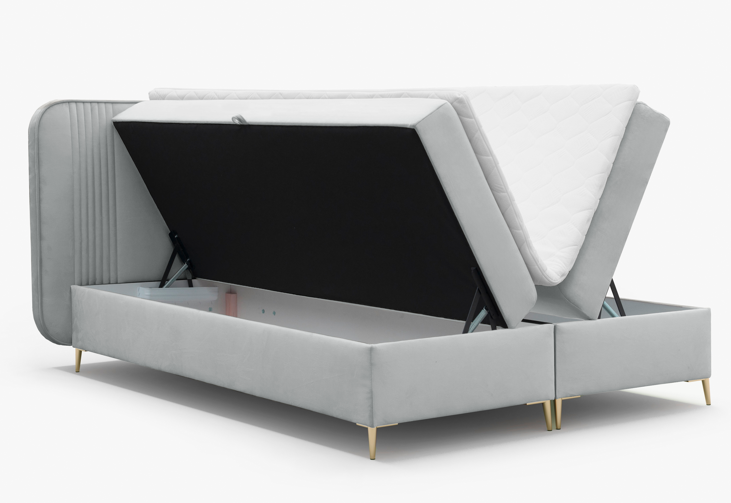 Łóżko kontynentalne 160x200 cm Clarentino z dwoma pojemnikami i topperem jasnoszare welur hydrofobowy
