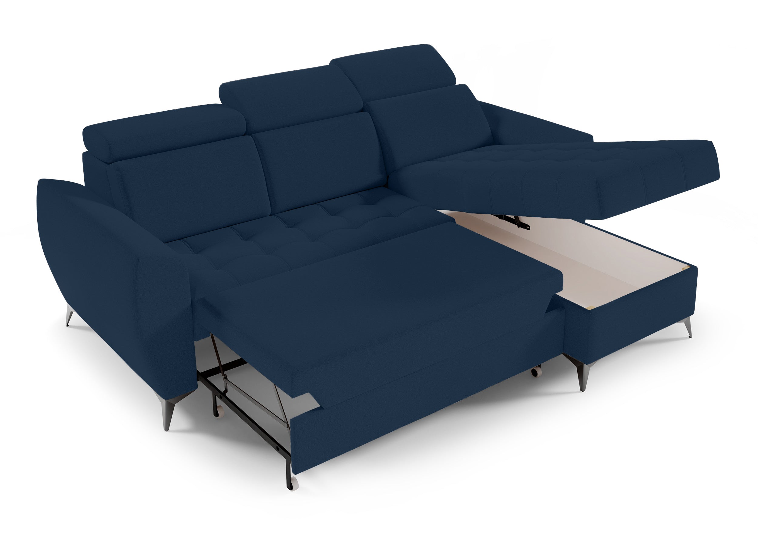 Narożnik z funkcja spania Virelia L-kształtny granatowy welur