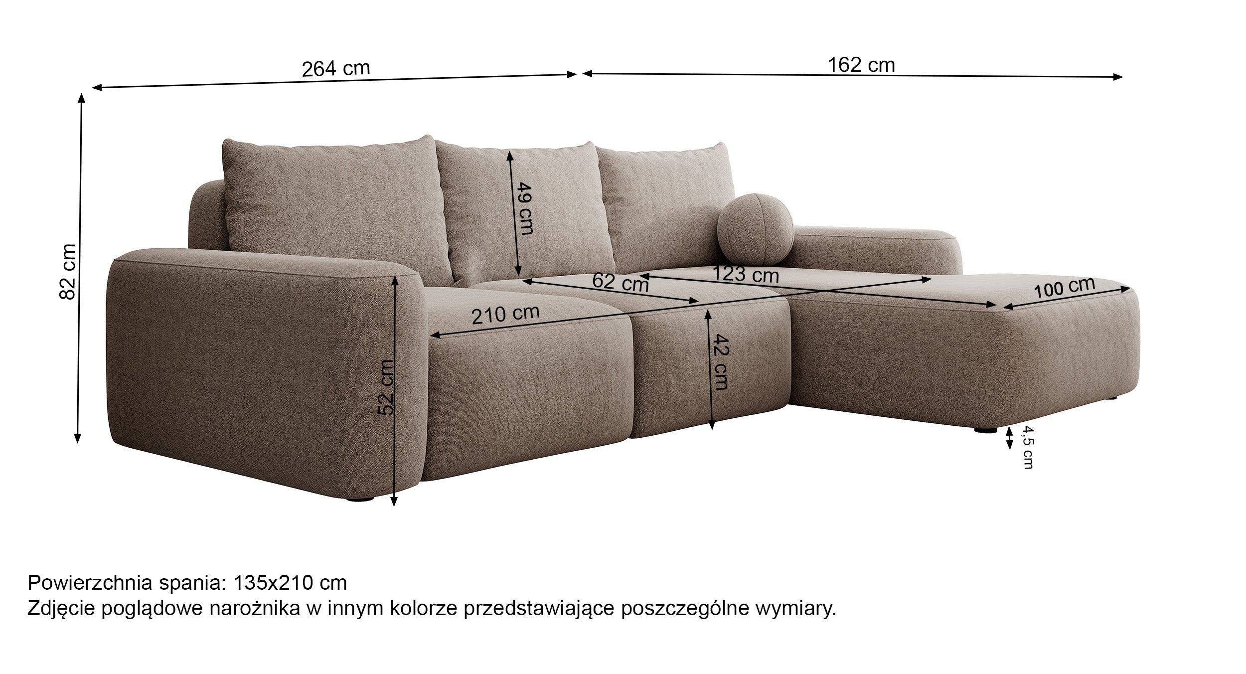Narożnik z funkcją spania Carnos L-kształtny z piłką, pojedyncze poduszki kremowy szenil hydrofobowy lewostronny