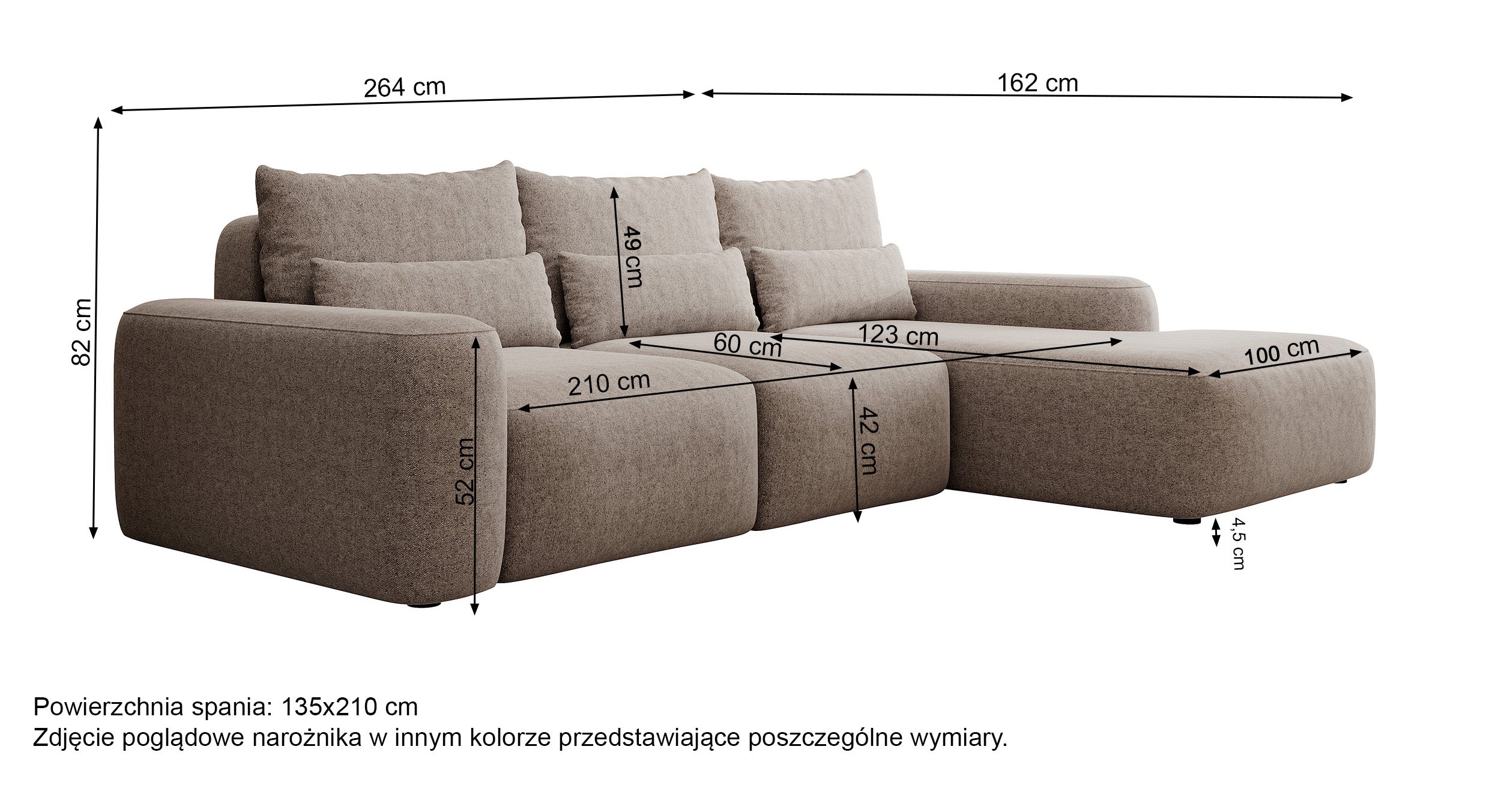Narożnik z funkcją spania Carnos L-kształtny z dodatkowymi poduszkami lędźwiowymi szary szenil hydrofobowy lewostronny