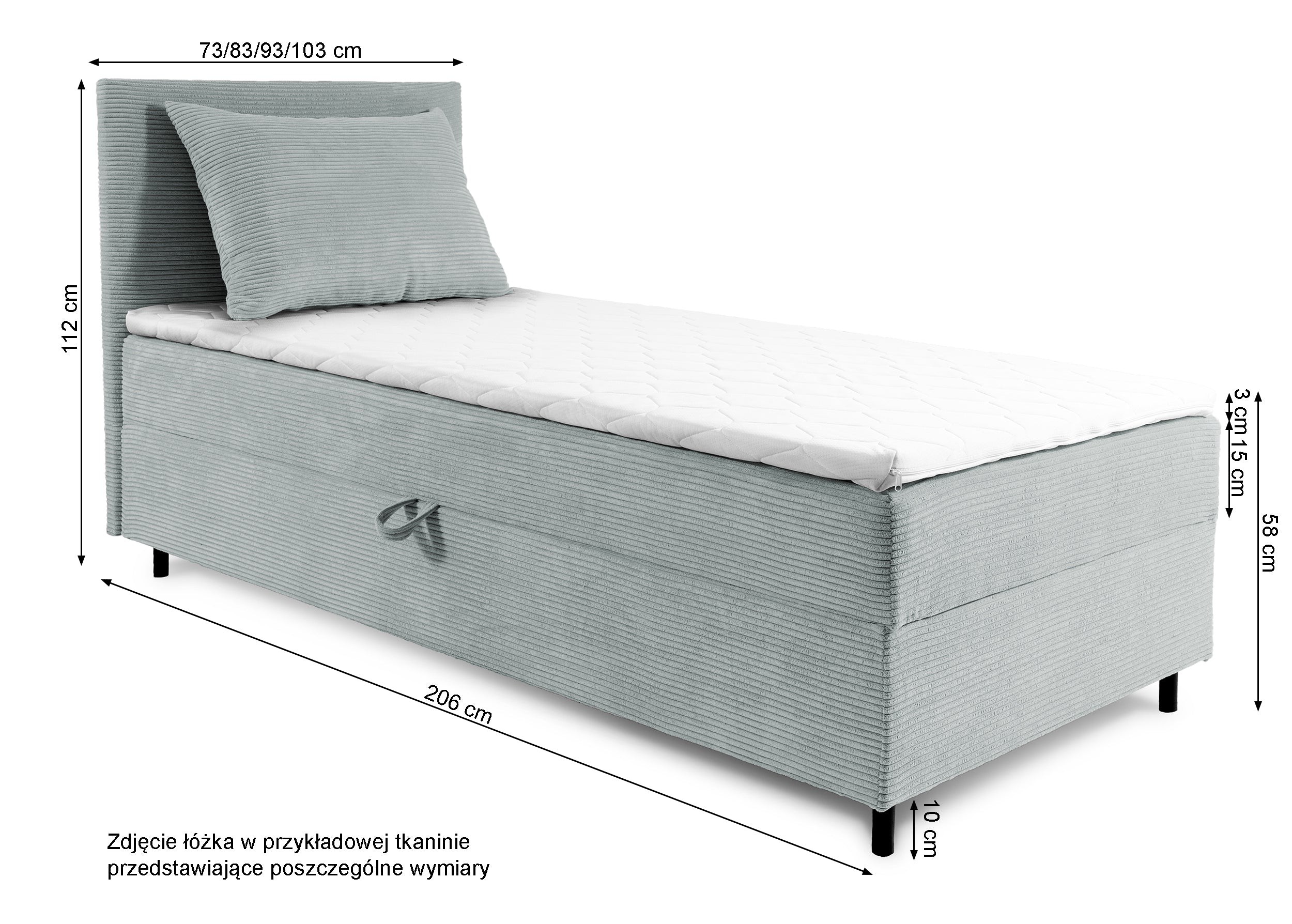 Łóżko kontynentalne jednosobowe Montigo Mini 80x200 cm z pojemnikiem, topperem i poduszką granatowe sztruks nogi czarne prawostronne