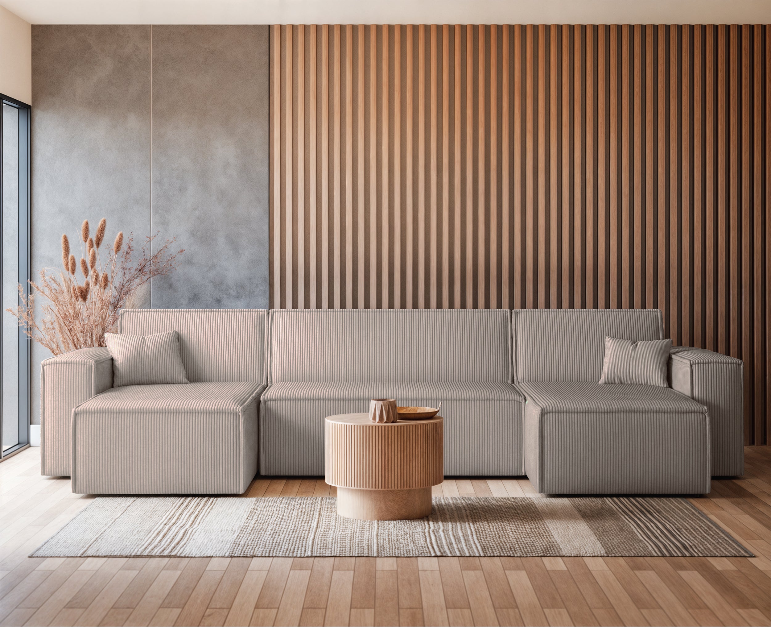 Narożnik z funkcją spania Scarlo U-kształtny z pojemnikiem uniwersalny beżowy sztruks