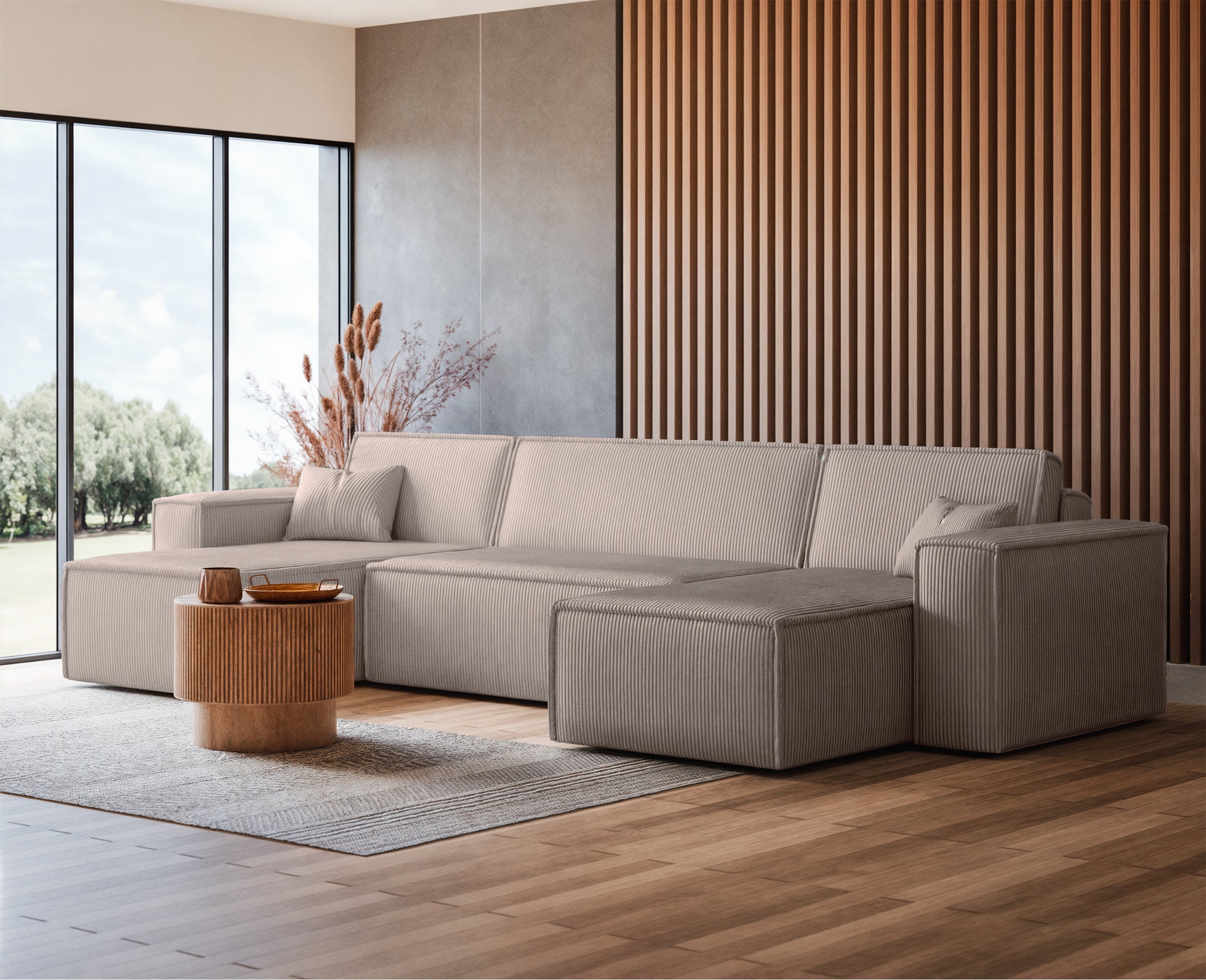 Narożnik z funkcją spania Scarlo U-kształtny z pojemnikiem uniwersalny beżowy sztruks