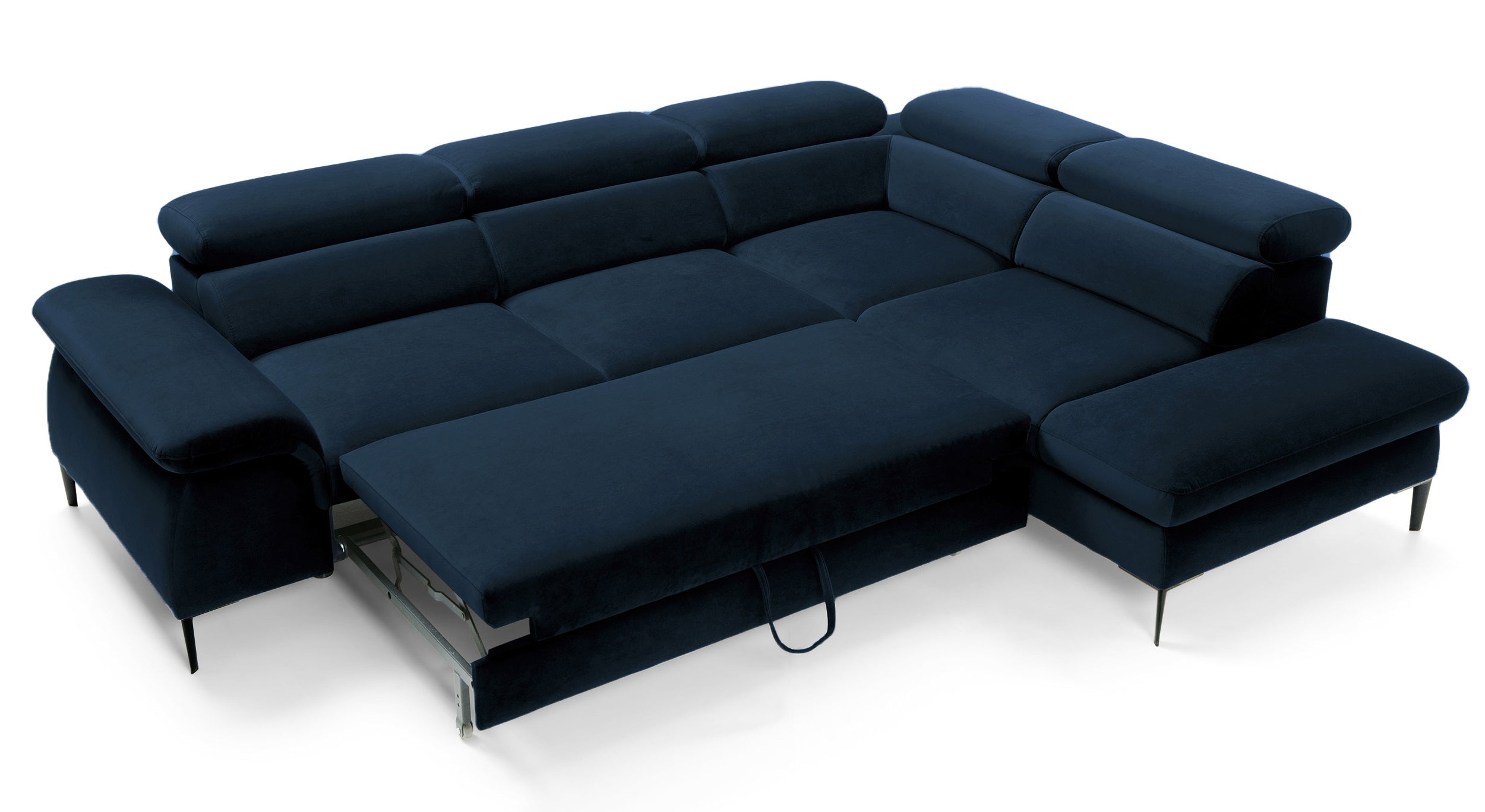 Narożnik z funkcją spania Naverro L-kształtny z pojemnikiem granatowy velvet hydrofobowy prawostronny