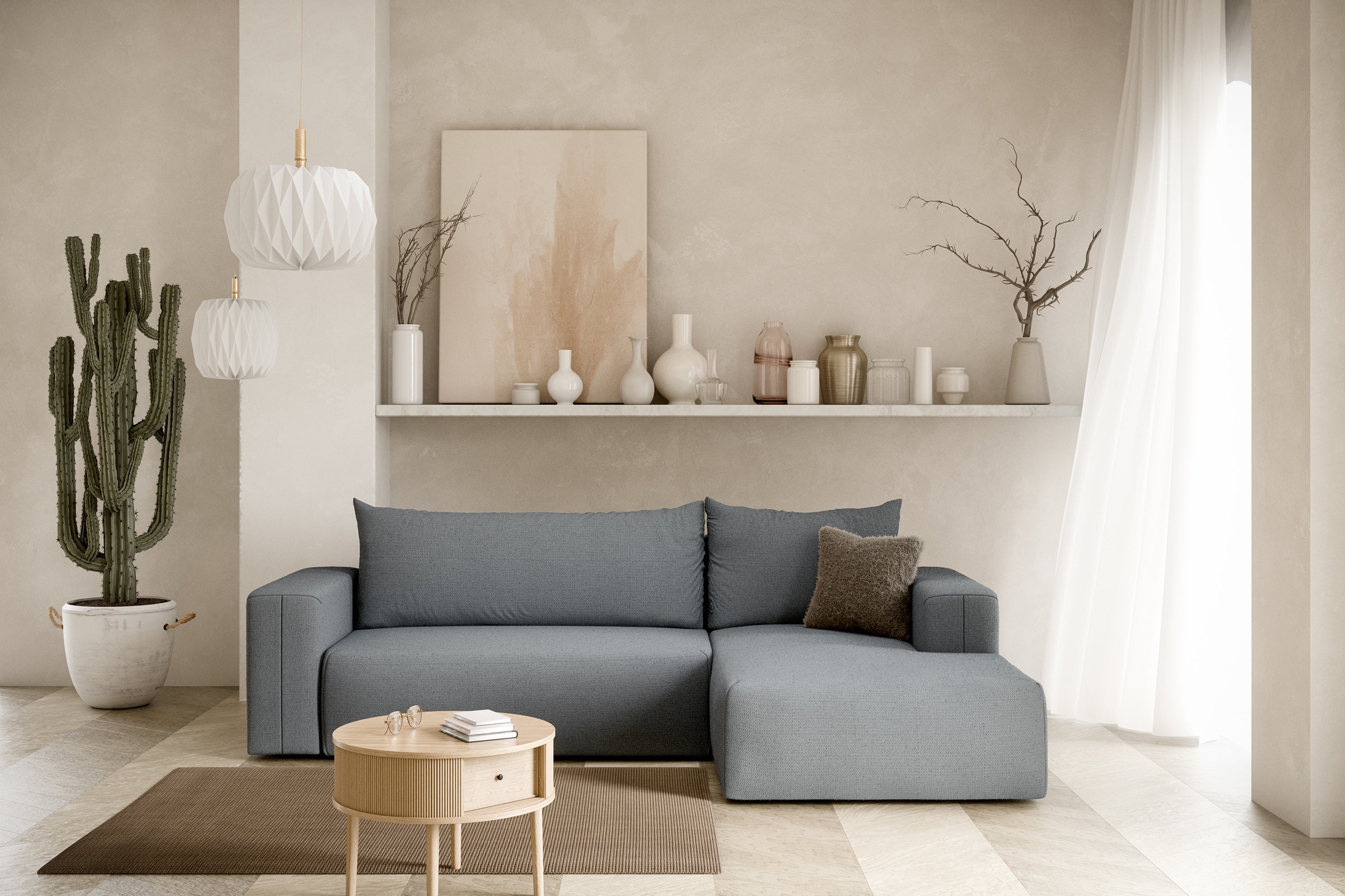 Narożnik z funkcją spania Lummi L-kształtny z pojemnikiem szary szenil hydrofobowy prawostronny