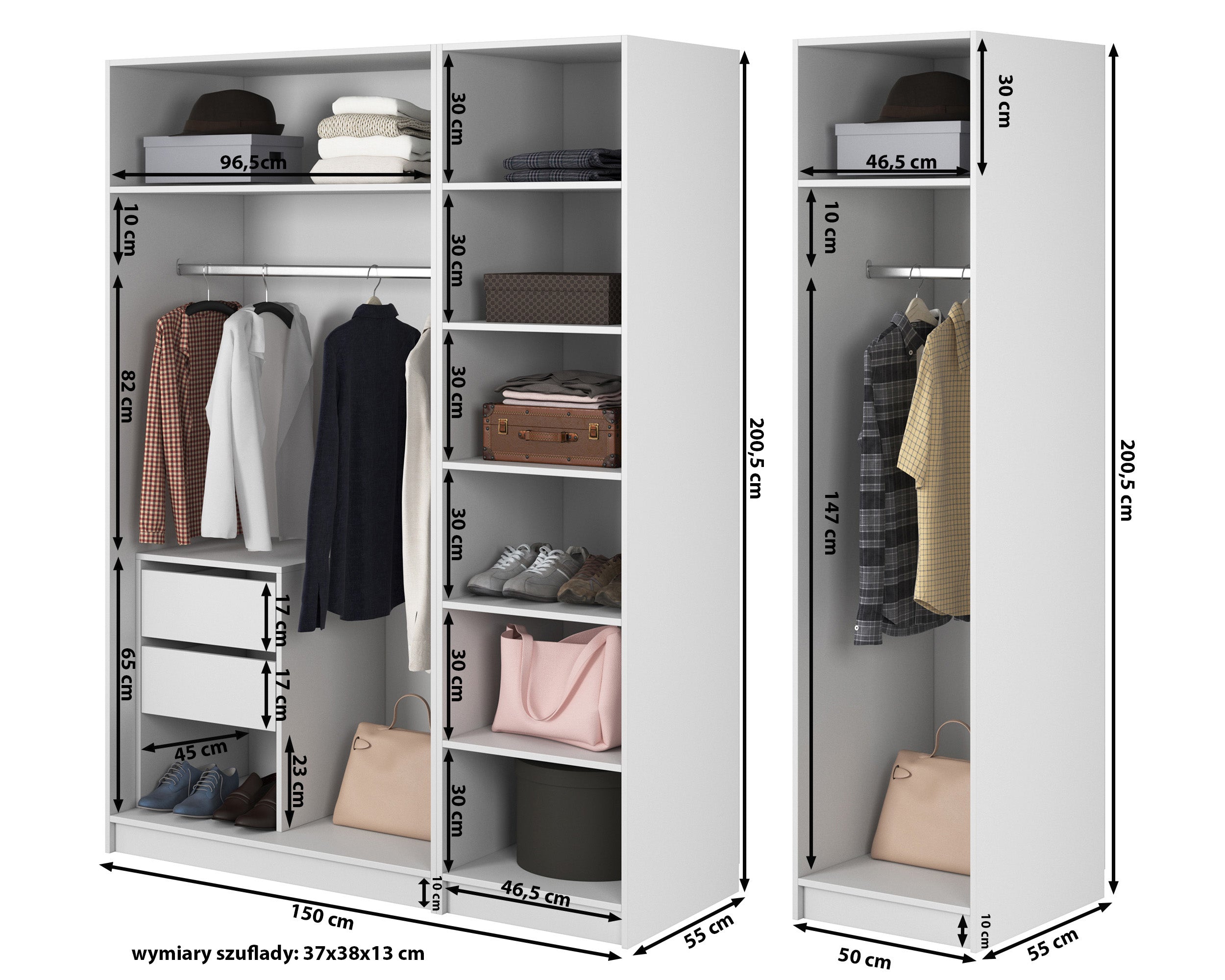 Szafa trzydrzwiowa Frame z długim drążkiem, siedmioma półkami i kontenerkiem 150 cm Biała