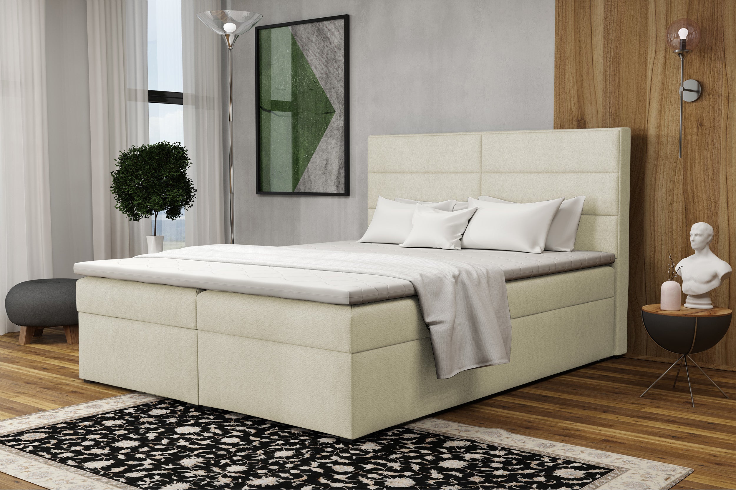 Łóżko kontynentalne 160x200 cm Valdamone z pojemnikami i topperem beżowe welur łatwoczyszczący