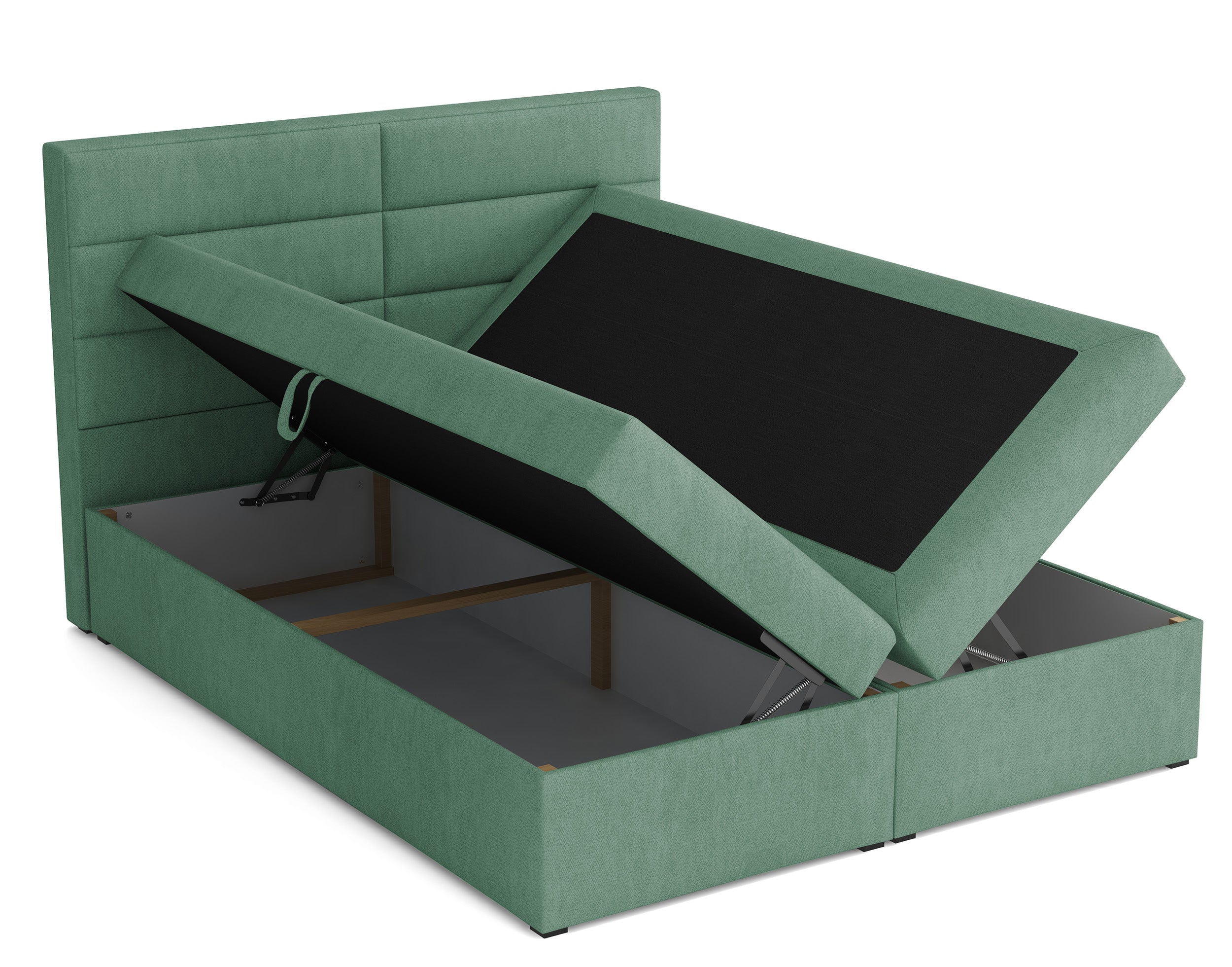 Łóżko kontynentalne 140x200 cm Valdamone z pojemnikami i topperem szałwiowe welur łatwoczyszczący
