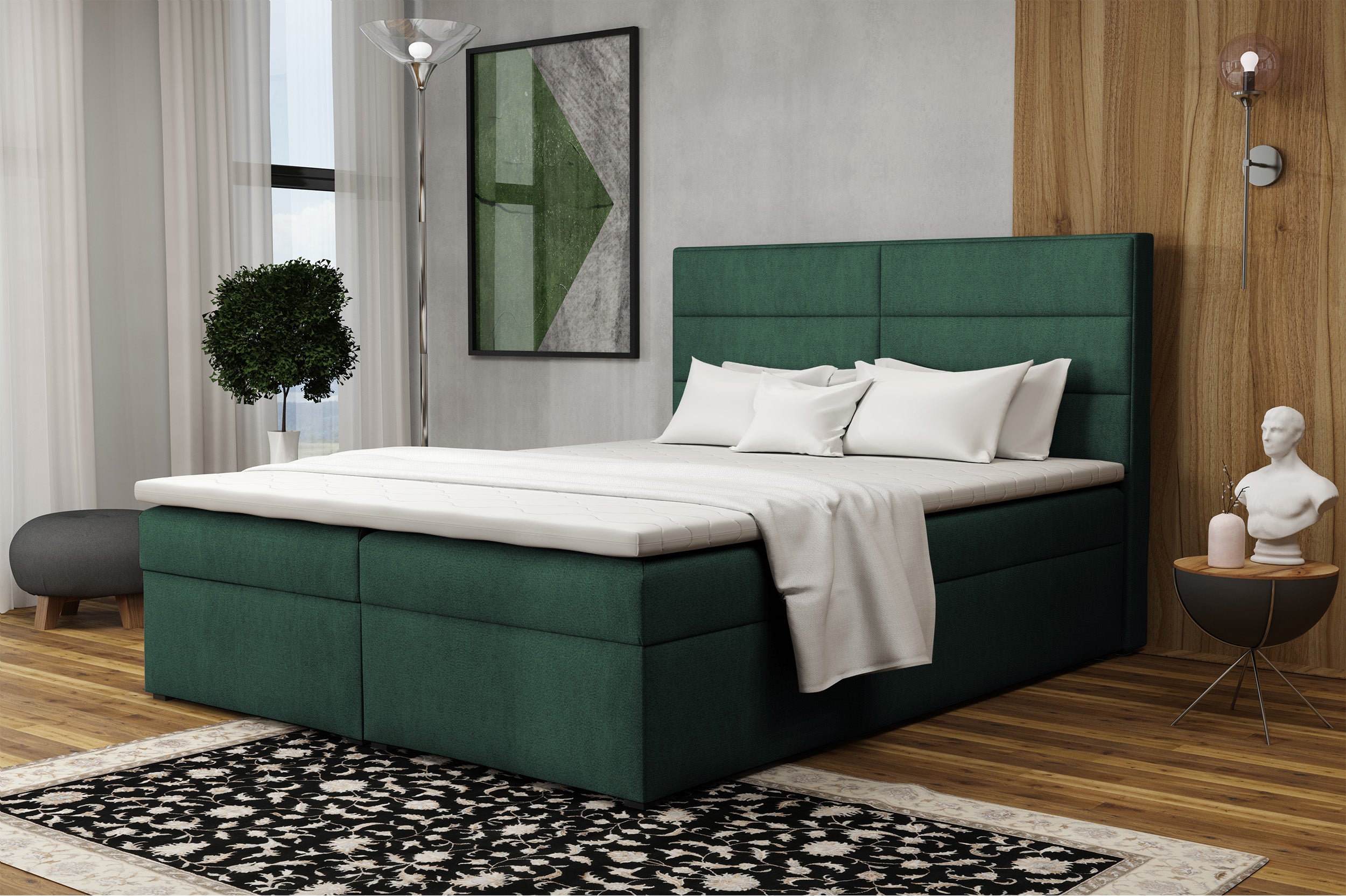 Łóżko kontynentalne 160x200 cm Valdamone z pojemnikami i topperem ciemnozielone welur łatwoczyszczący