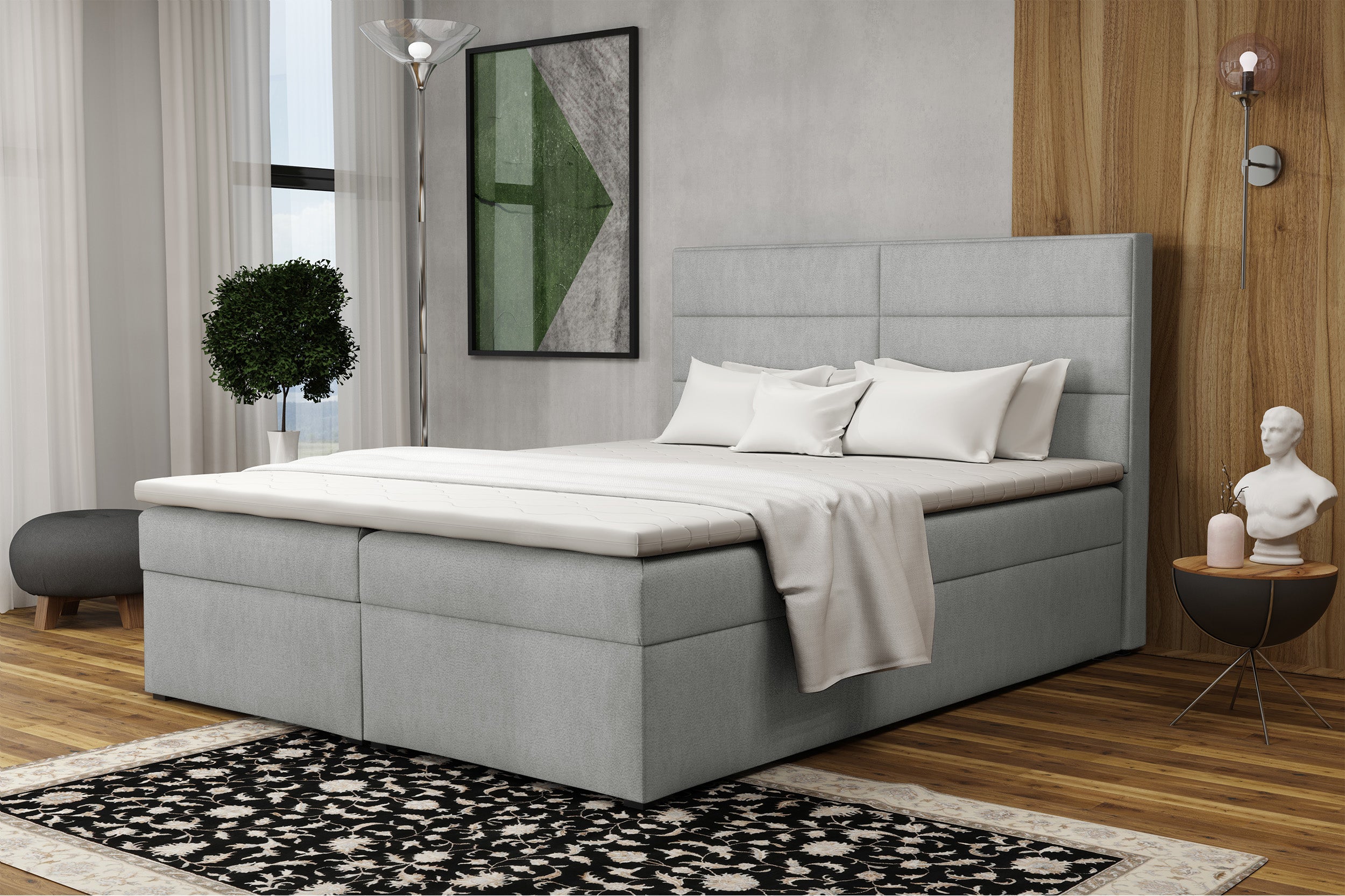 Łóżko kontynentalne 160x200 cm Valdamone z pojemnikami i topperem jasnoszare welur łatwoczyszczący