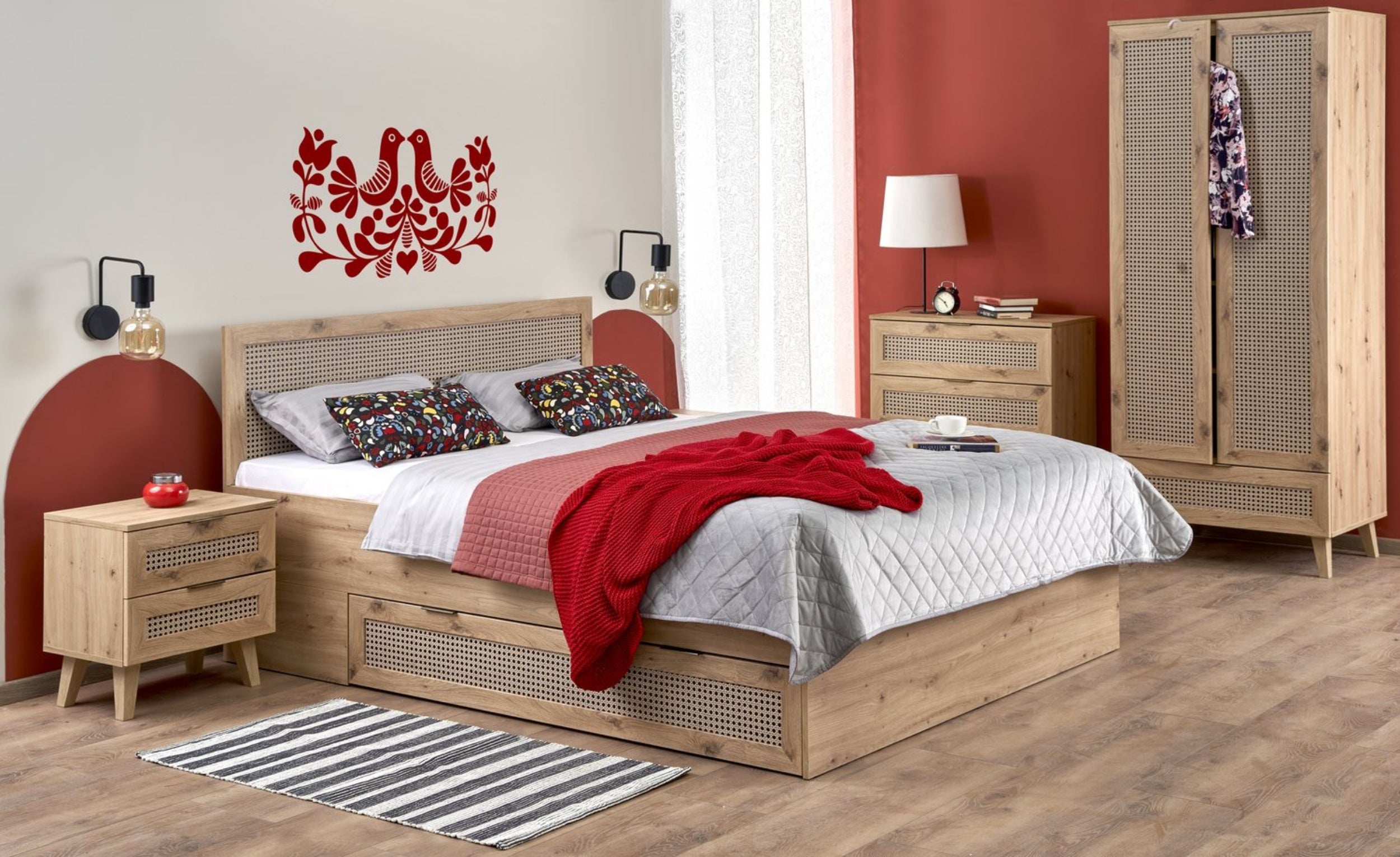 Komoda z trzema szufladami Trivilla dąb artisan/ plecionka wiedeńska