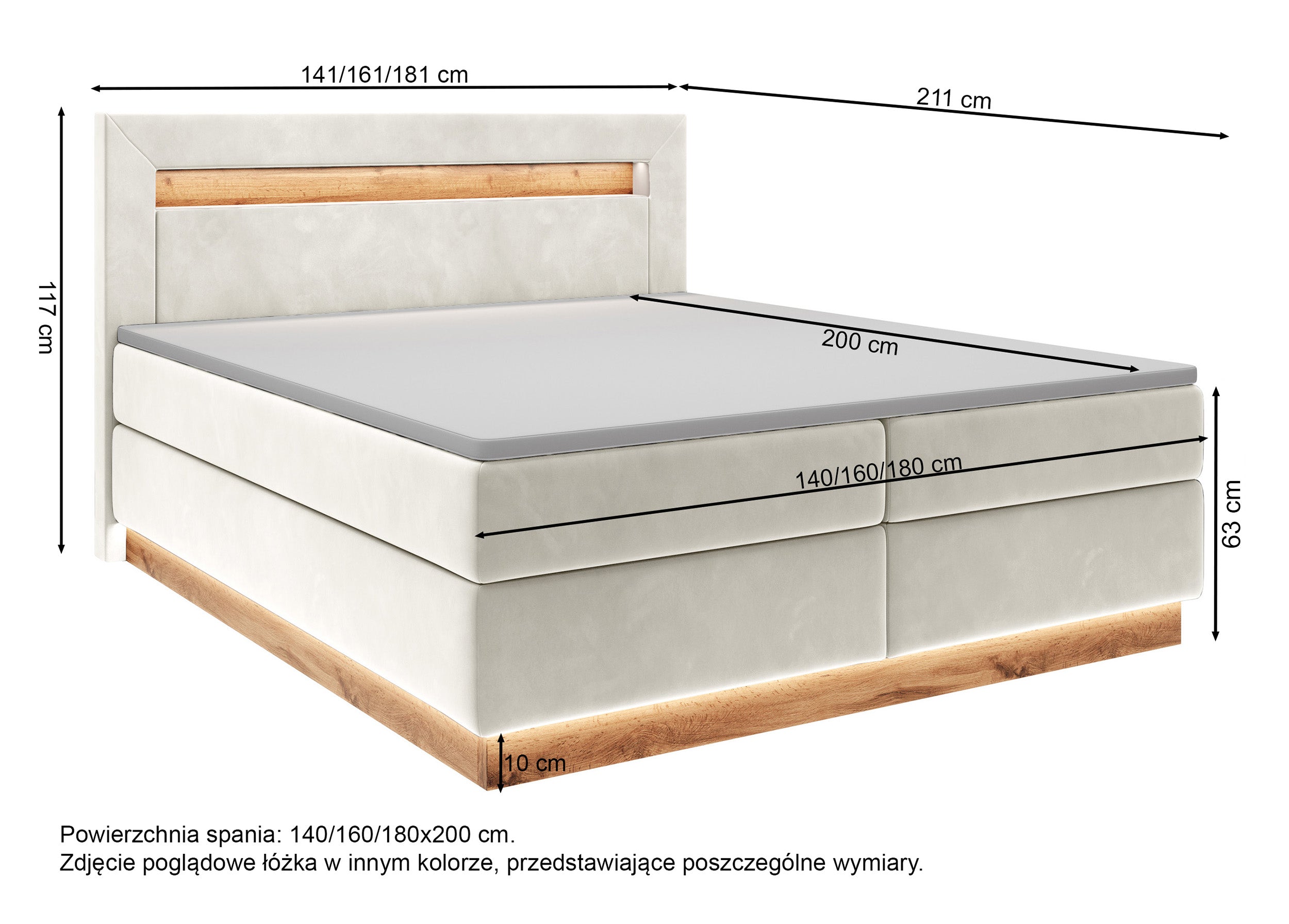 Łóżko kontynentalne Promie 140x200 cm z topperem i oświetleniem grafitowy welur
