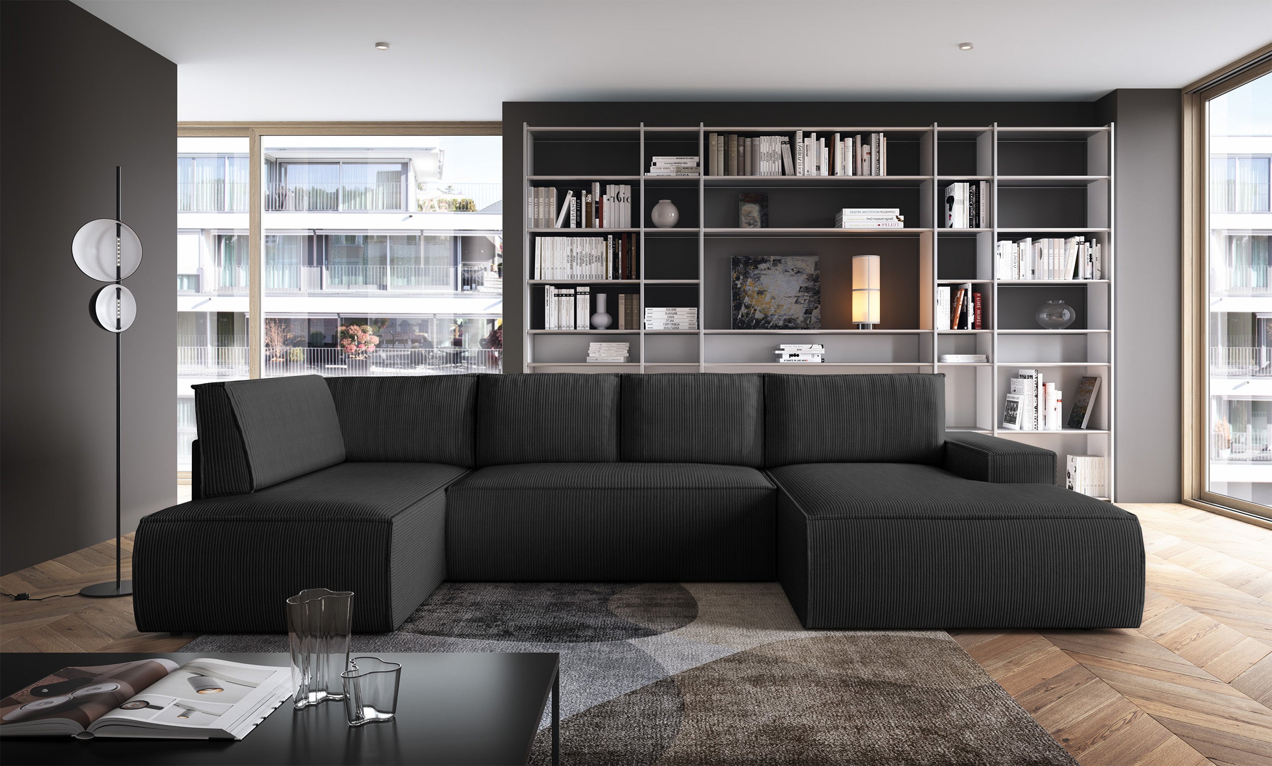 Narożnik z funkcją spania Farese New U-kształtny z pojemnikiem prawostronny czarny sztruks