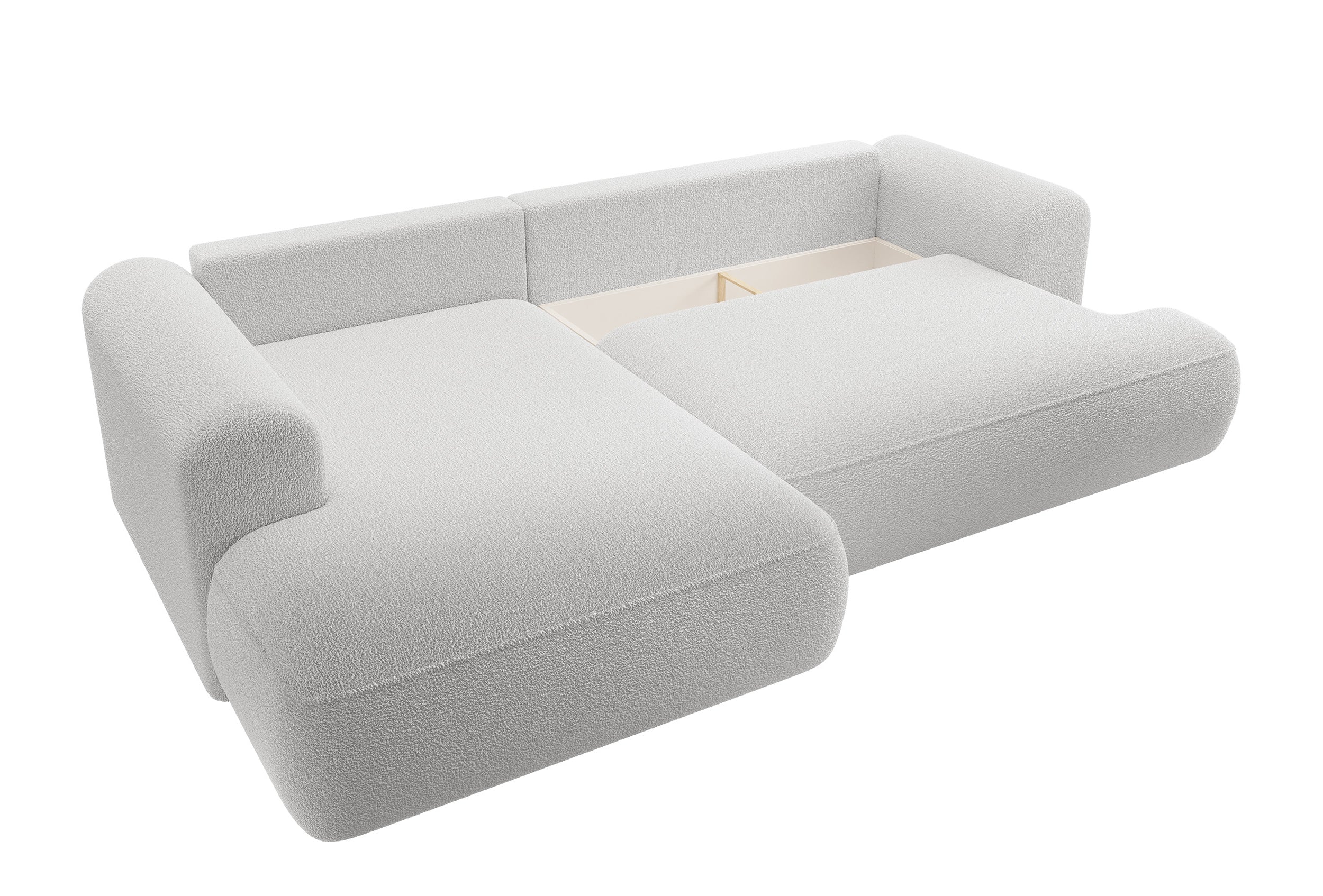 Narożnik z funkcją spania Ovo L-kształtny z boczkiem i pojemnikiem szary boucle lewostronny