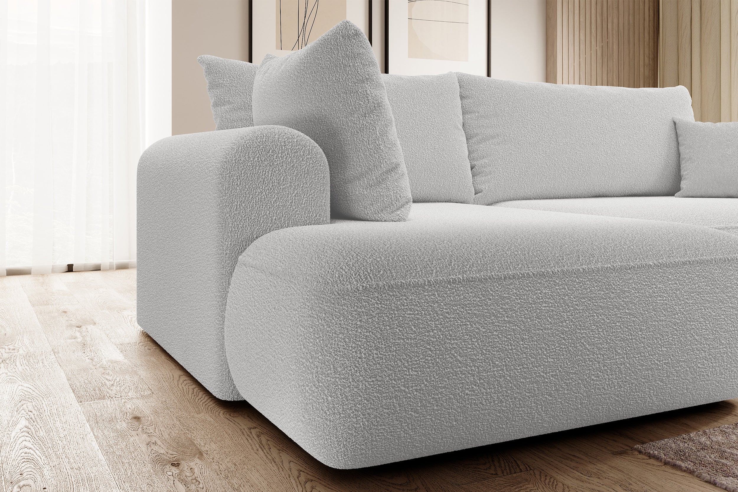 Narożnik z funkcją spania Ovo L-kształtny z boczkiem i pojemnikiem szary boucle lewostronny