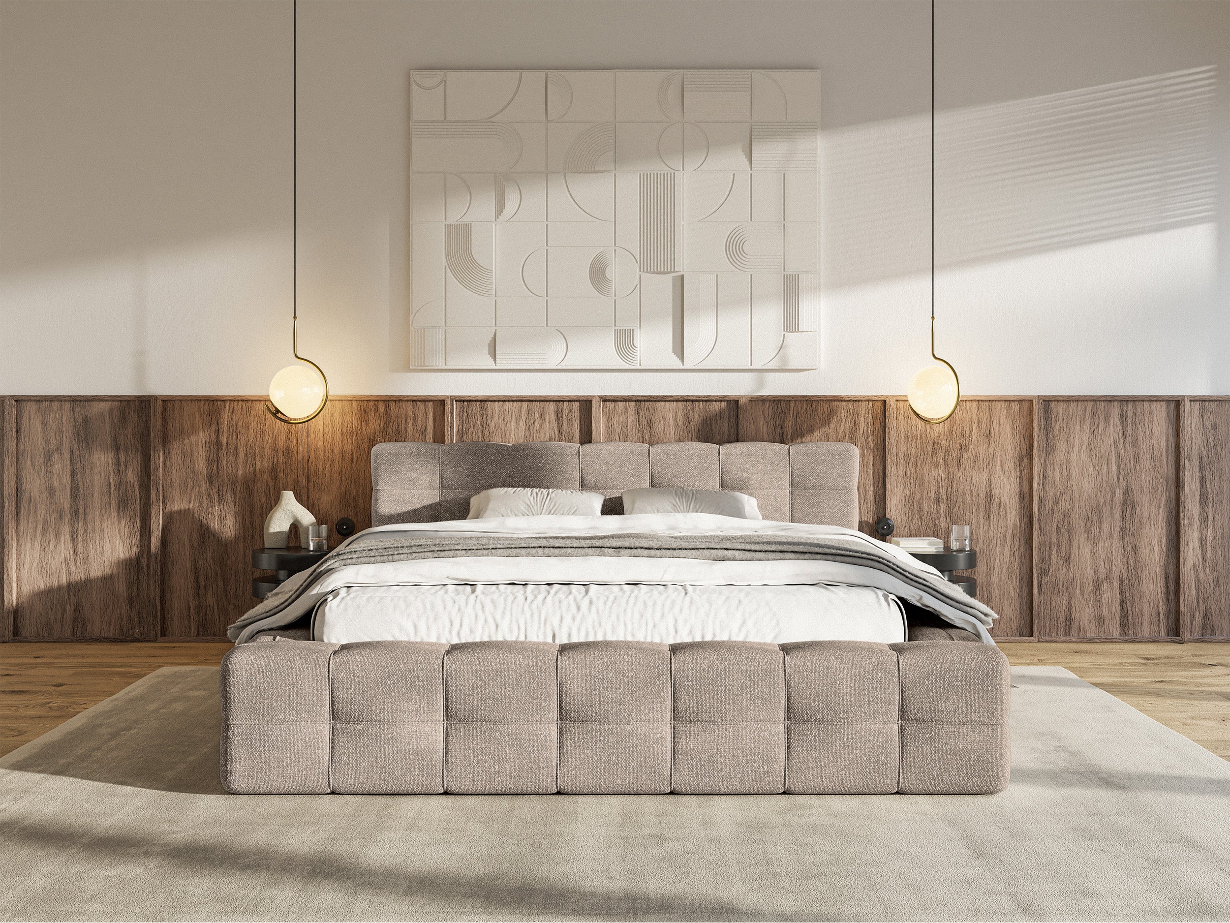 Łóżko tapicerowane Puffly 180x200 cm z pojemnikiem stelaż metalowy jasnobrązowy szenil