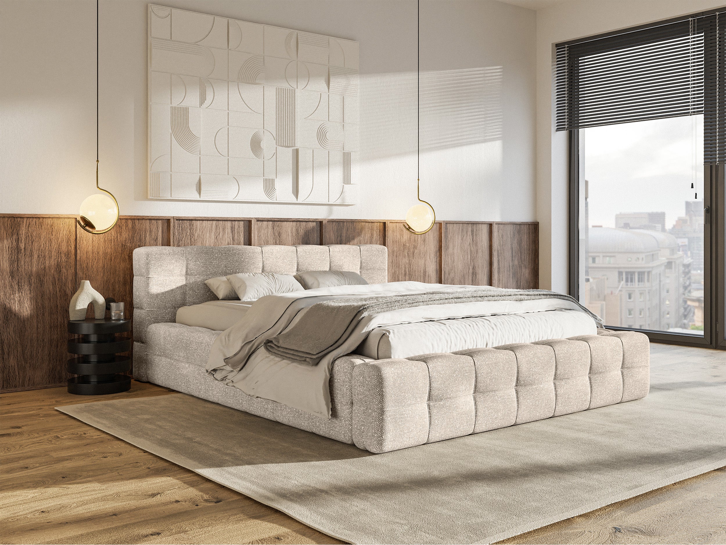Łóżko tapicerowane Puffly 140x200 cm z pojemnikiem stelaż metalowy beżowy szenil