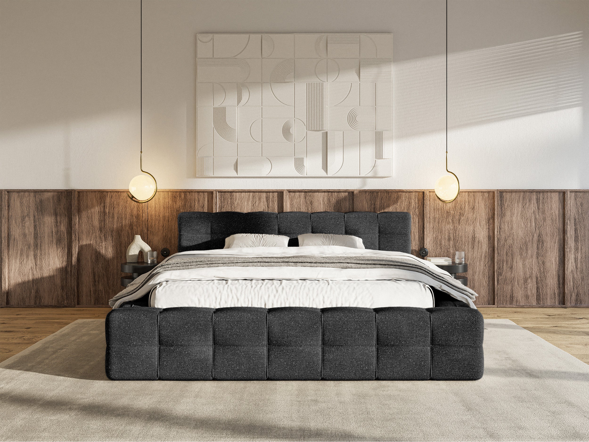 Łóżko tapicerowane Puffly 180x200 cm z pojemnikiem stelaż metalowy czarny szenil
